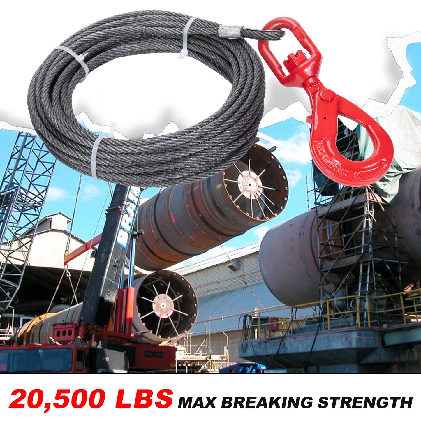 SajoSolid 3/8" x 75' Winch Cable with Safty Hook, 6 x 37 Strand Construction, Steel Winch Rope Heavy Duty 20,500 Lbs Breaking Strength, Tow Cable Suitable for Most Trailers and Heavy Lifting