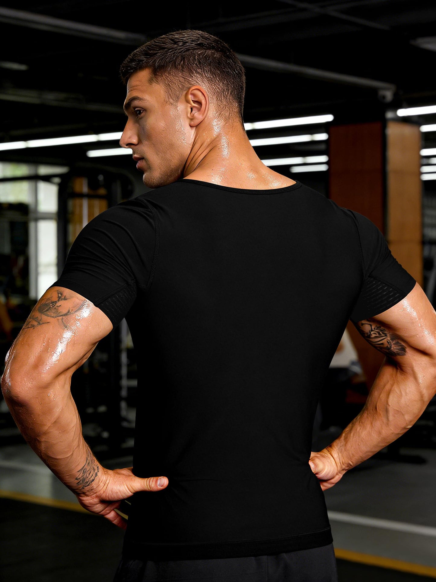 DYUAI Sauna Shirt for Men Sweat Suit Heat Trapping Short Sleeve Workout Shapewear,Adjustable Waist Belt,Breathable Armpit(6020-01-XL)