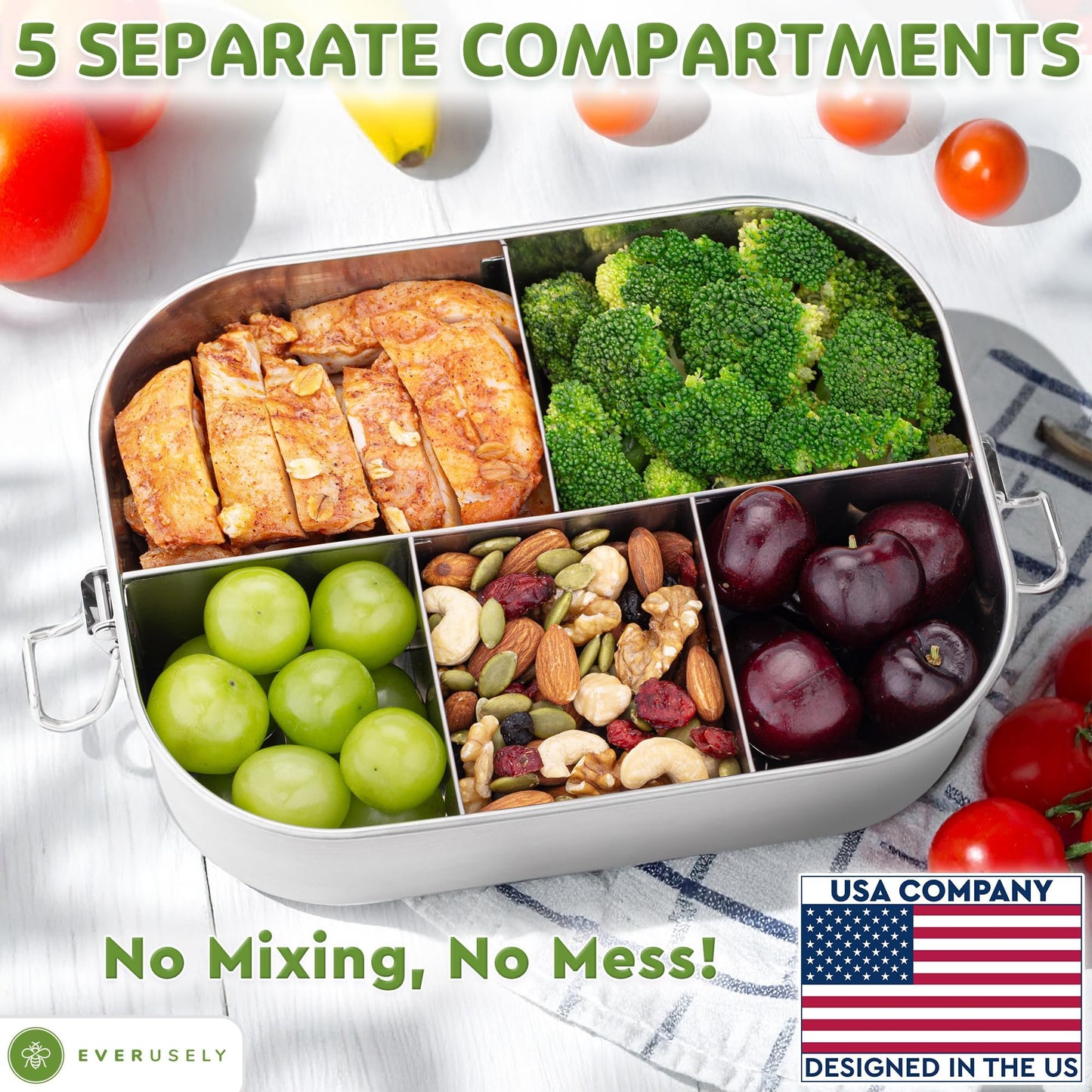 Everusely - Bento Box - Stainless Steel Lunch Box for Adults - 47 oz, 1.4 L - 5 Compartment Snack Container with Removable Silicone Seal + Secure Lock Clips - Non Plastic, Leakproof, Dishwasher Safe