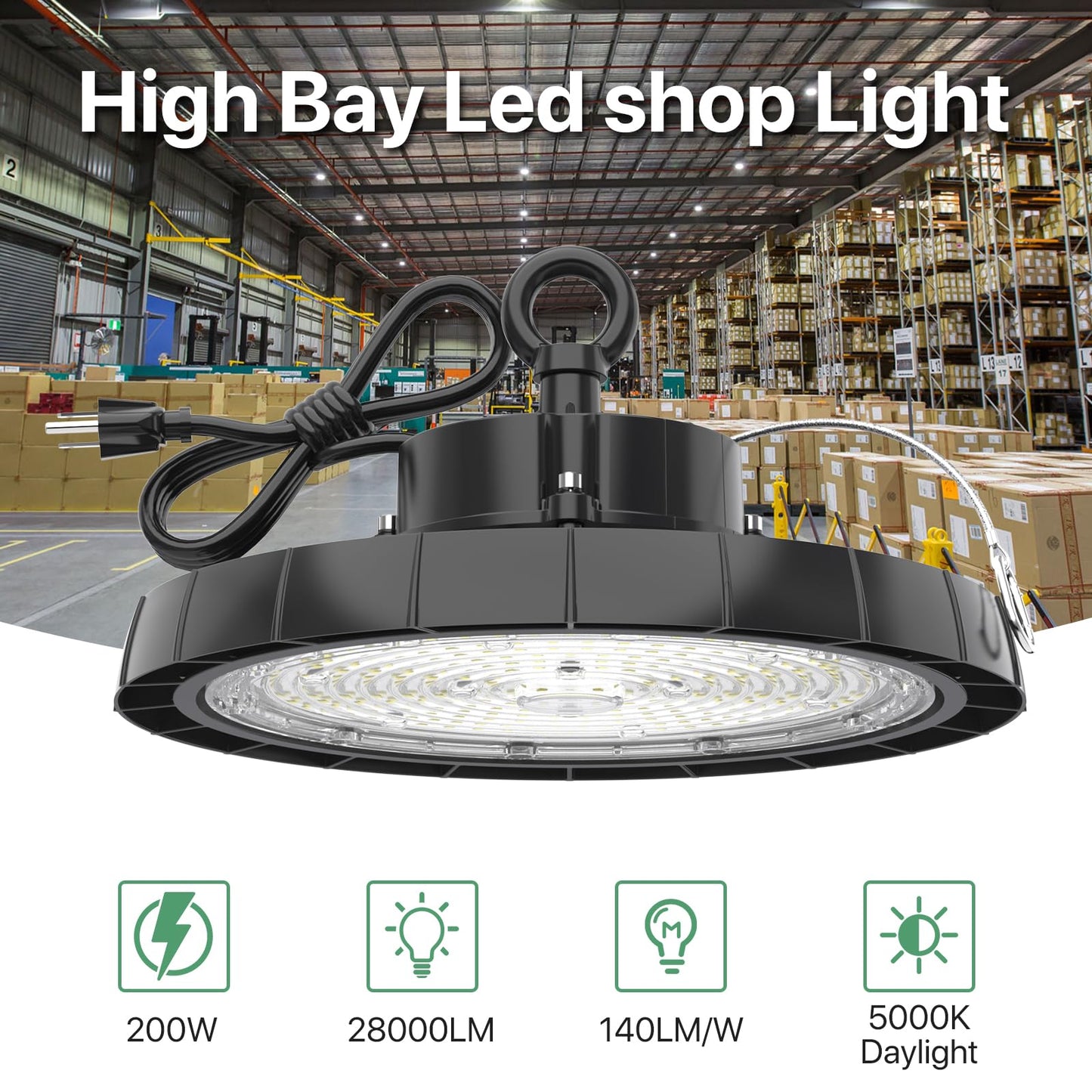 Ipackorin High Bay LED Lights: 200W 28000LM 5000K UFO Led Light IP65 AC100-277V IP65 - UFO Lights with US Plug 5' Cable for Warehouse Shop Factory Barn 6 Packs