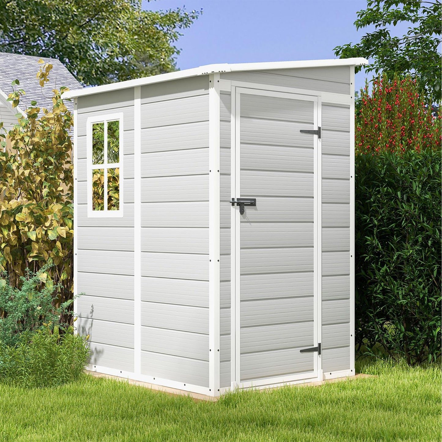 Patiowell 5x4 FT Outdoor Storage Shed with Floor, Resin Outside Storage Shed with Floor & Lockable & Window Door for Patio Furniture, Garden Tools and Bicycle, Light Gray
