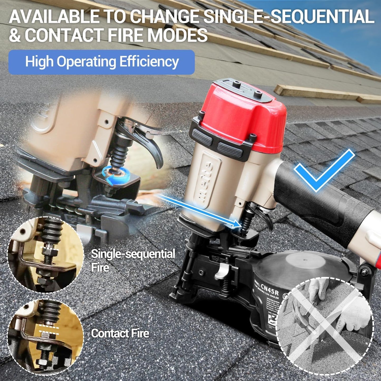 meite CN45R Coil Roofing Nailer 15 Degree Pneumatic Nail Gun for Asphalt Shingles Underlayment Decking Roof Repair, Air Roofing Nail Gun with Tool-Free Depth Adjustment Accepts 7/8" to 1-3/4" Nails