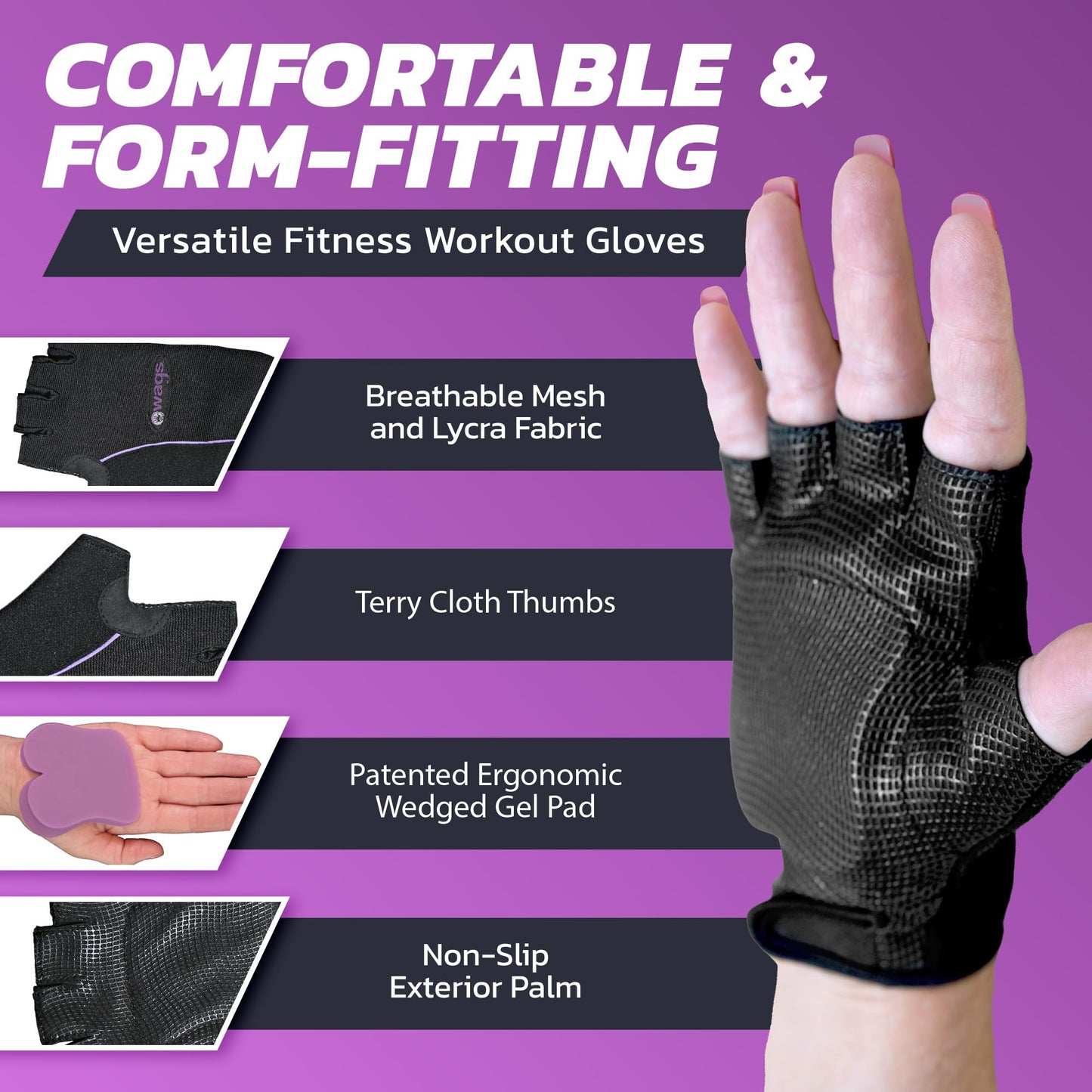 Wags Pro Wrist Assured Gloves Fitness Gloves for Women & Men, Workout Gloves, Workout Gloves with Patented Ergonomic Gel Pad, Wrist Support Gloves, Weight Lifting Gloves, Medium, Black