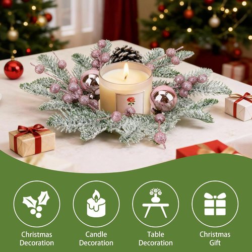 Christmas Candle Rings by [Brand Name] - 8" Small Wreaths with Pine Cones, Berries & Needles for Festive Table Decor