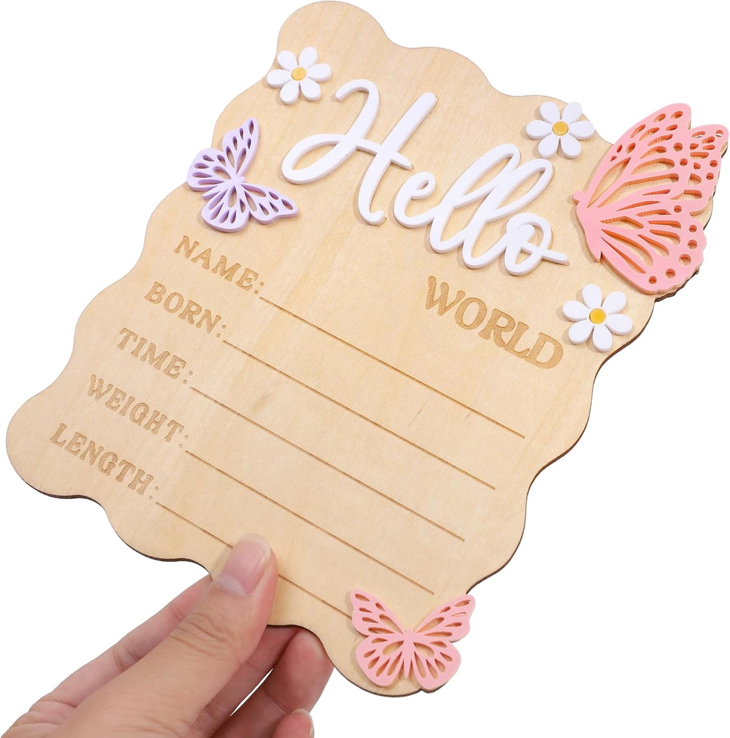 TERJIO Butterfly Daisy Hello World Board - Little Butterfly Birth Announcement Sign,Wooden Hello World Card