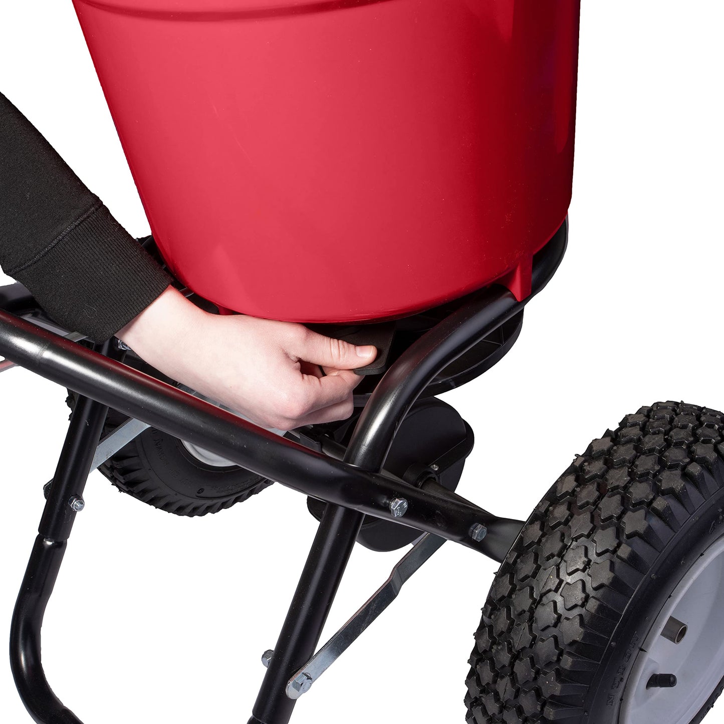 EarthWay 2150 Commercial 50 LB Broadcast Fertilizer Spreader. Heavy-Duty Walk-Behind Push Garden Seeder with Adjustable Drop Rate and Driving Handle. Large 13 inch Pneumatic Stud Tires