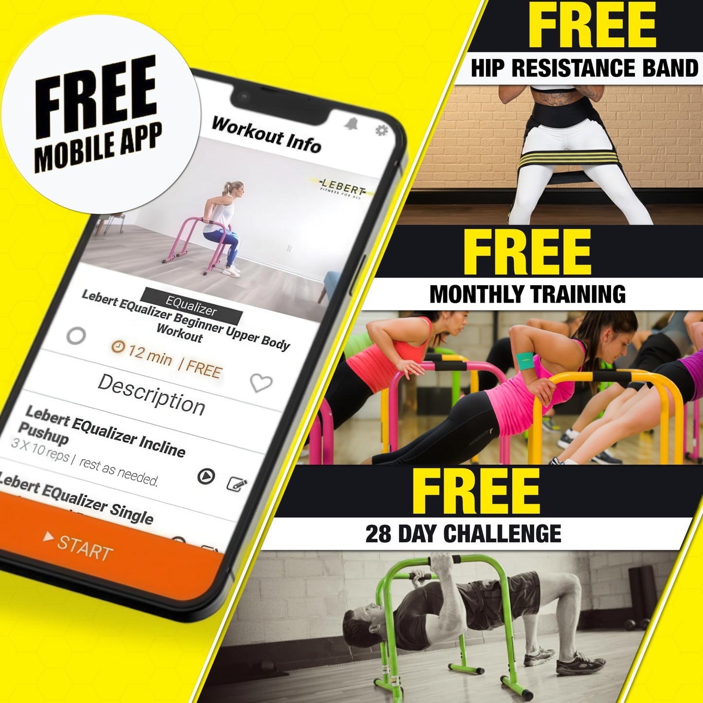 Lebert Fitness Dip Bar Stand - Original EQualizer Total Body Strengthener Pull Up Bar Home Gym Exercise Equipment Dipping Station - Hip Resistance Band, Workout Guide and Online Group - Yellow