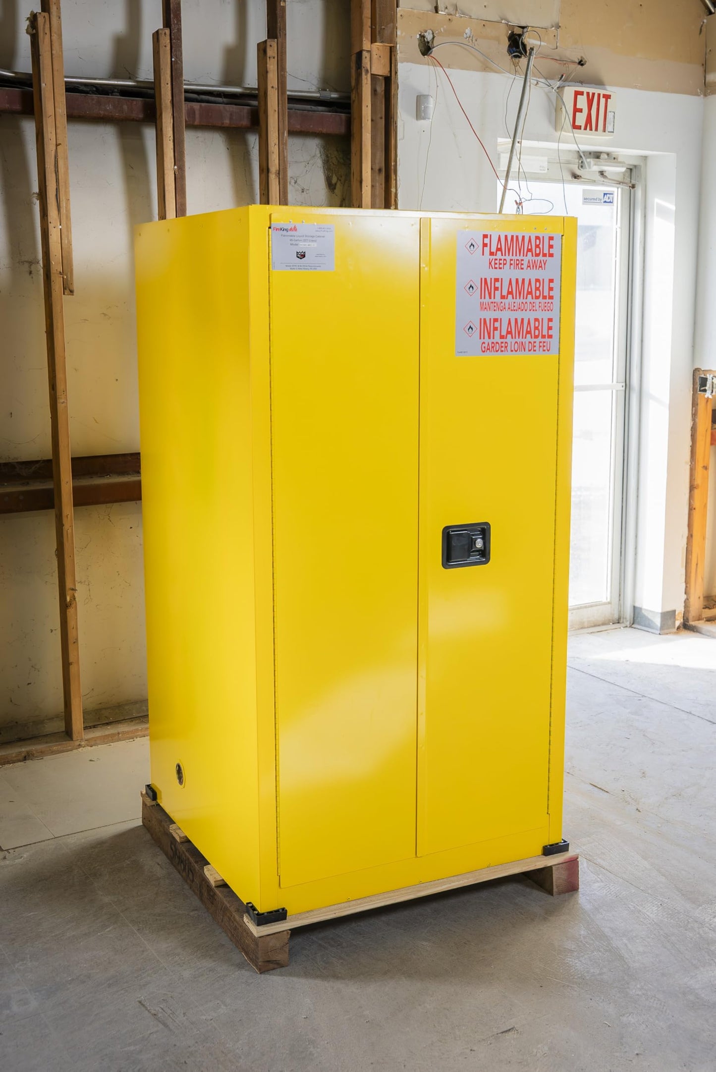 FireKing Yellow Flammable Safety Cabinet, Flammable Liquids Storage Cabinet, 60 Gallon Steel Safety Cabinets with Automatic Door for Commercial, Industrial & Home Use, 34" x 34" x 65"