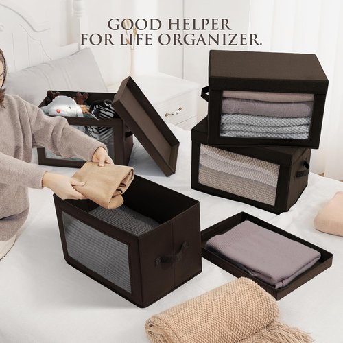 Homsorout Stackable Storage Bins - Medium Foldable Closet Organizers with Lids | 5-Pack, Brown
