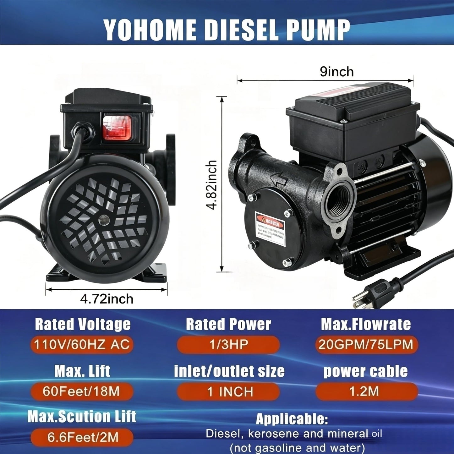YOHOME Diesel Transfer Pump 110V 20GPM Oil Transfer Pump - Diesel, Kerosene, Biodiesel, Light Fuel Oil