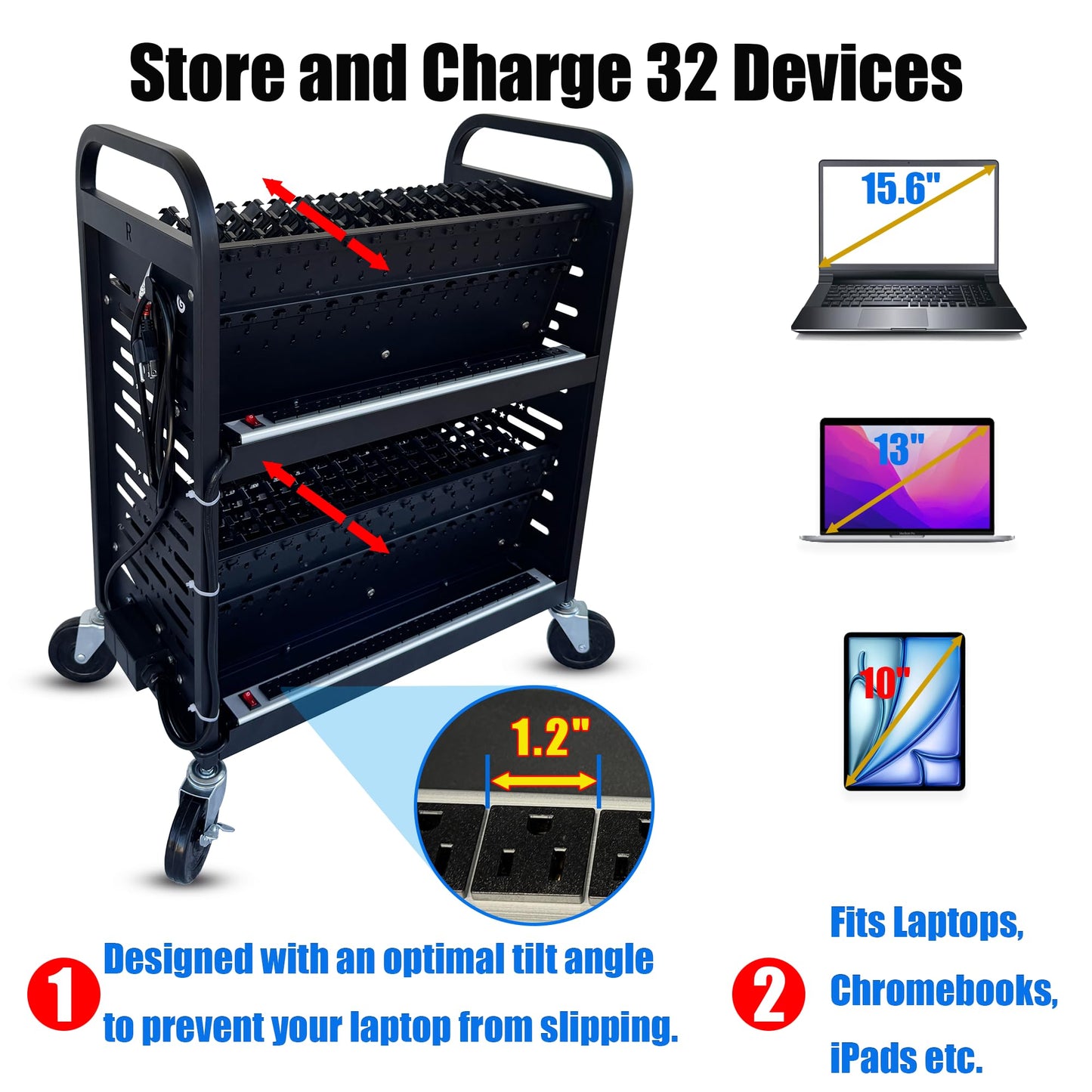 Plugsharge 32-Device Laptop & Tablet Charging Cart for Classroom, Mobile Chromebook Charging Station with Cable Management, Surge Protection, Locking Wheels & Device Storage for Schools & Offices