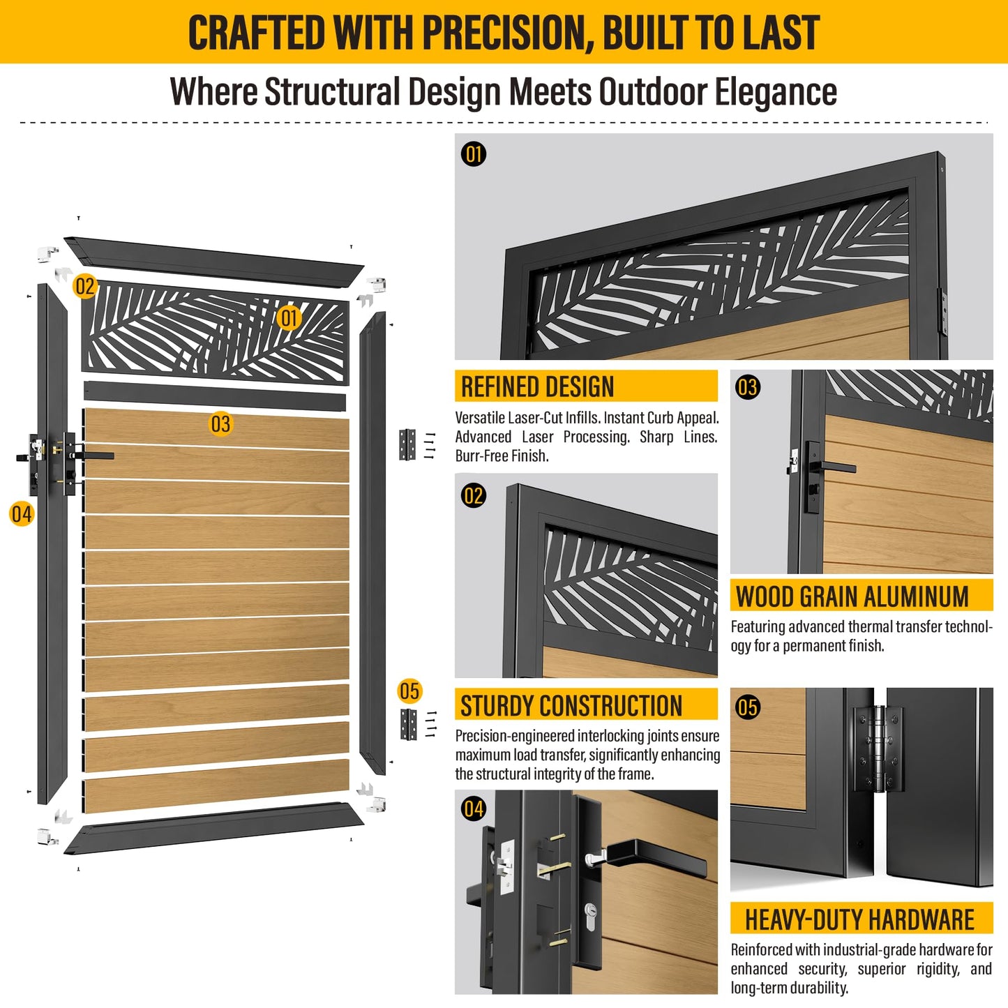 Brukid 4x5 FT Aluminum Fence Gate Kit Wood Grain Aluminum Gate with Decorative Cutout, Lock & Hinges, Left/Right Opening, Weather Resistant for Yard Garden Patio
