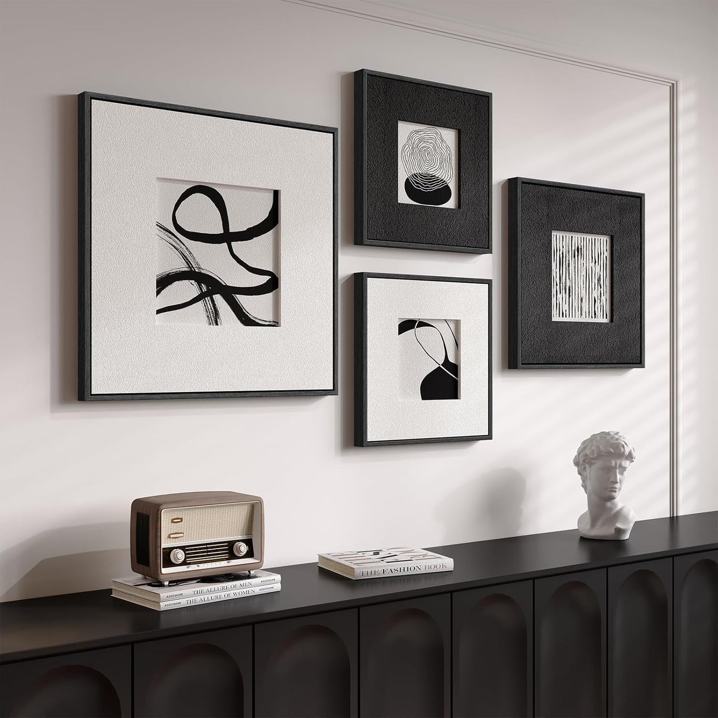 Skiennix 3D Textured Black and White Abstract Wall Art - 4 Piece Modern Paintings for Home Decor