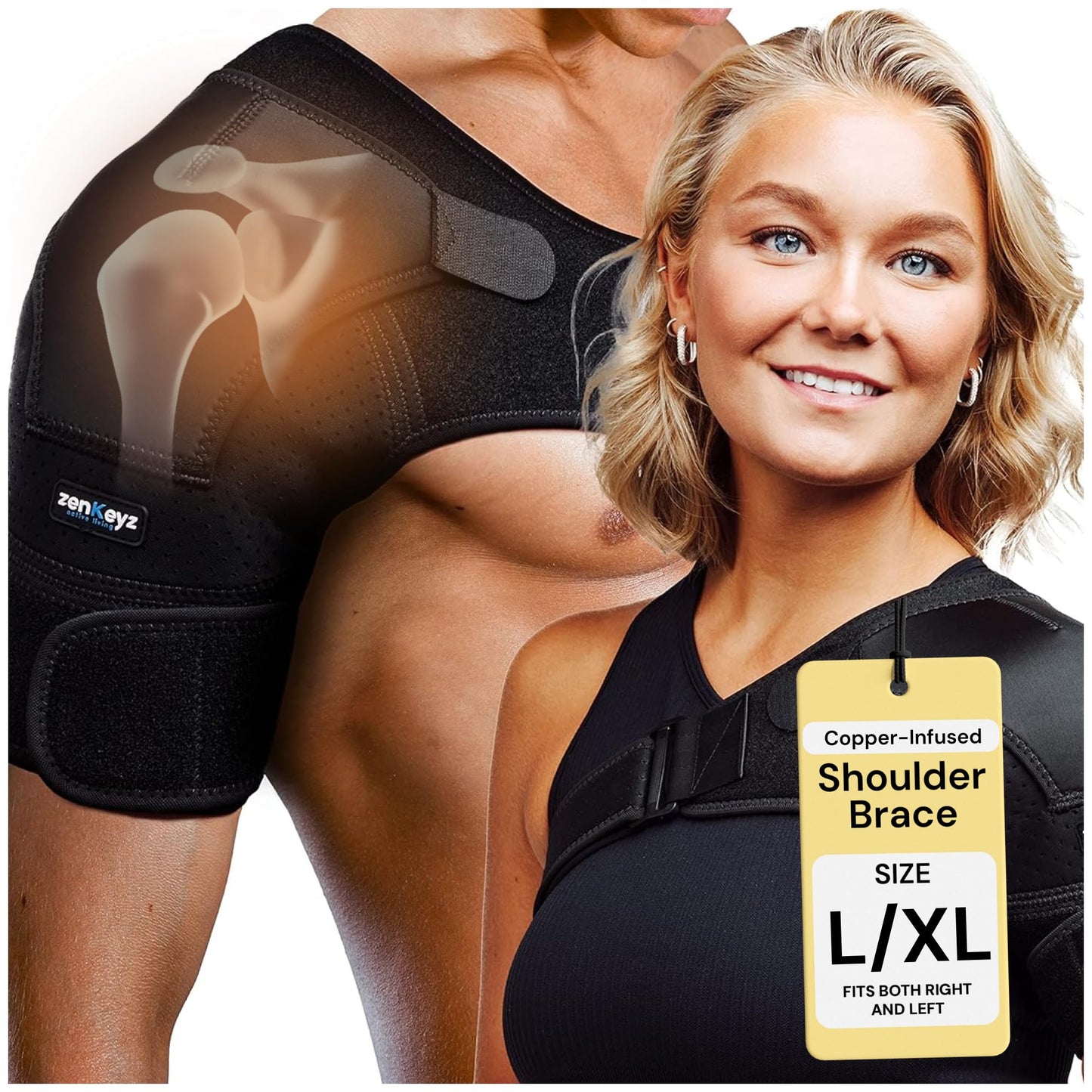 ZENKEYZ Shoulder Brace for Men & Women - Size L/XL (Chest 38-50") - Black/Copper - Copper-Infused Compression Sleeve & Rotator Cuff Support - Adjustable Strap with Ice/Heat Pocket - Sturdy Arm Sling for Joint Stability