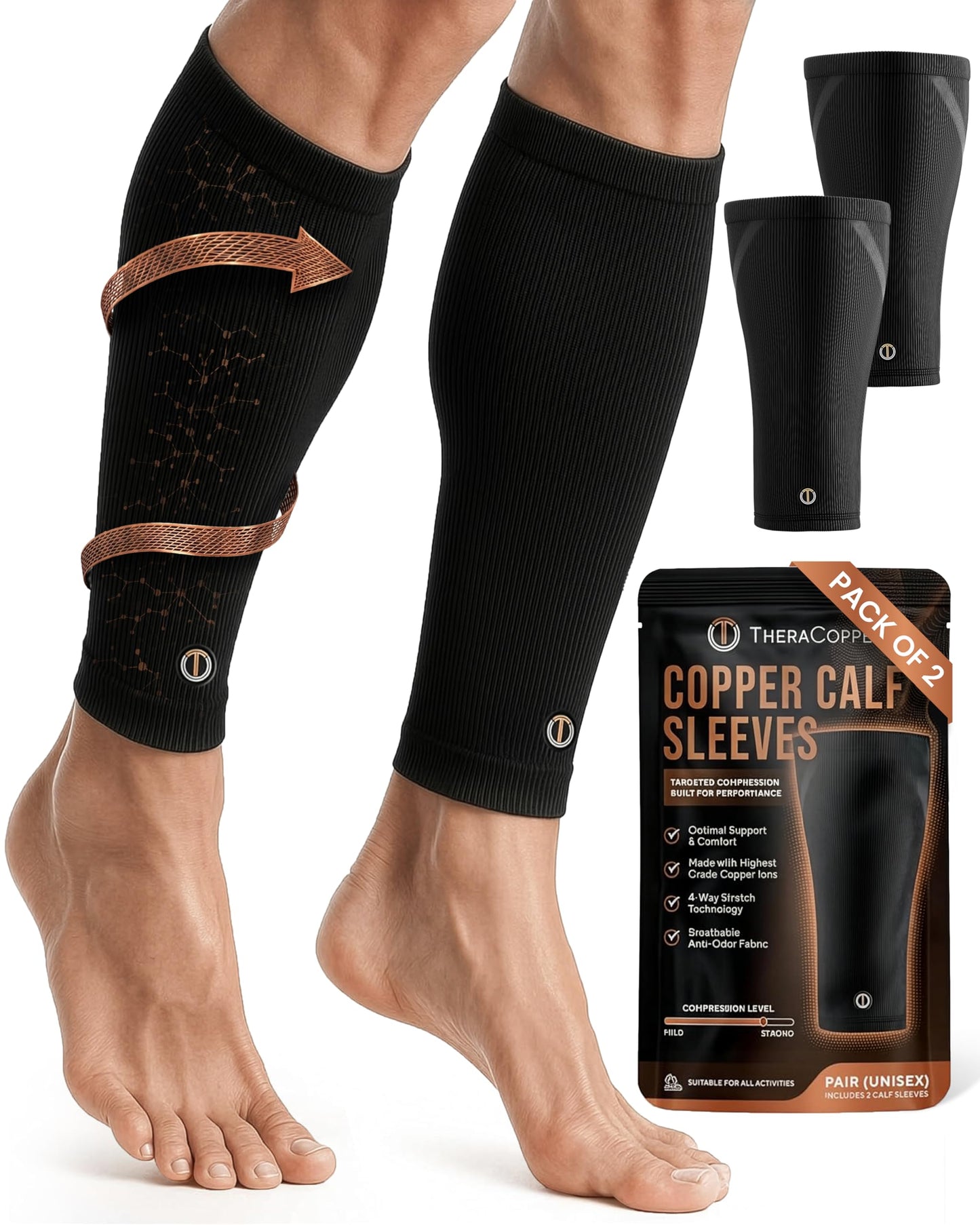 TheraCopper Copper Calf Compression Sleeve — Premium Copper Compression Shin Sleeve for Men & Women — Breathable & Non-Slip Leg Sleeves for Runners, Shin Splints, Muscle Recovery & Leg Fatigue (Large)
