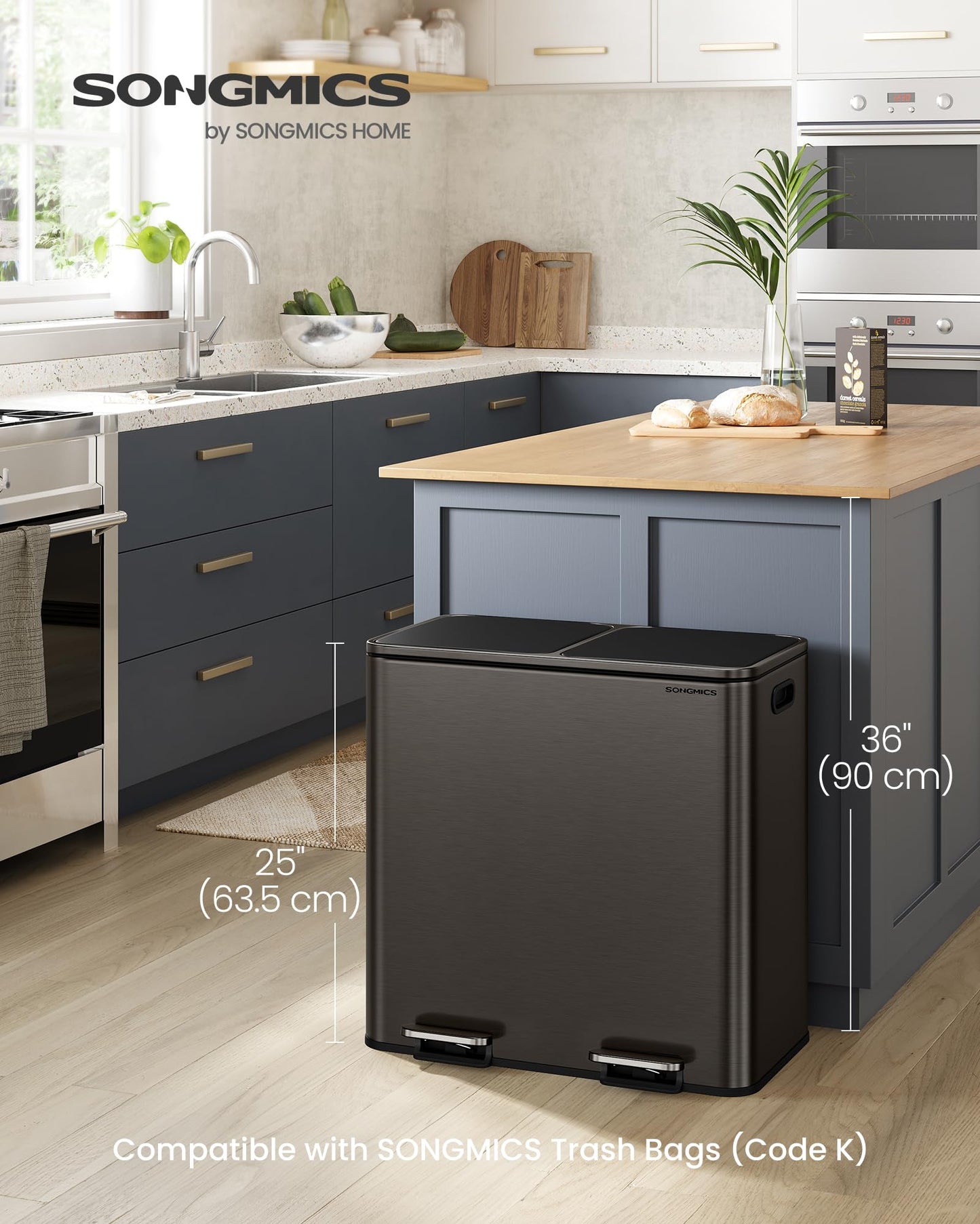 SONGMICS Trash Can, 2 x 10.6 Gallon (2 x 40 L) Garbage Can for Kitchen, with 15 Trash Bags, 2 Compartments, Plastic Inner Buckets and Hinged Lids, Airtight, Slate Gray ULTB730G01V1