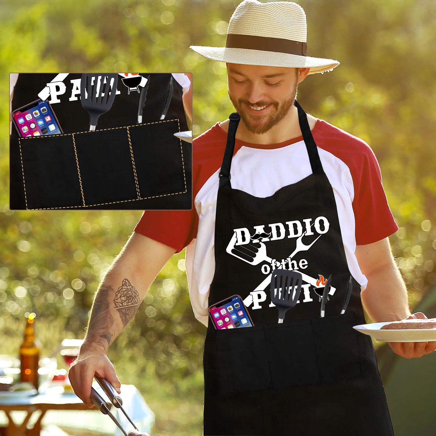 cusugbaso Funny Fathers Day Gift, Grill Aprons for Men with Three Pockets - Daddio of the Patio - Bbq Apron Father's Day, Christmas, Birthday Gifts for Husband, Dad, Men from Daughter, Son, Wife