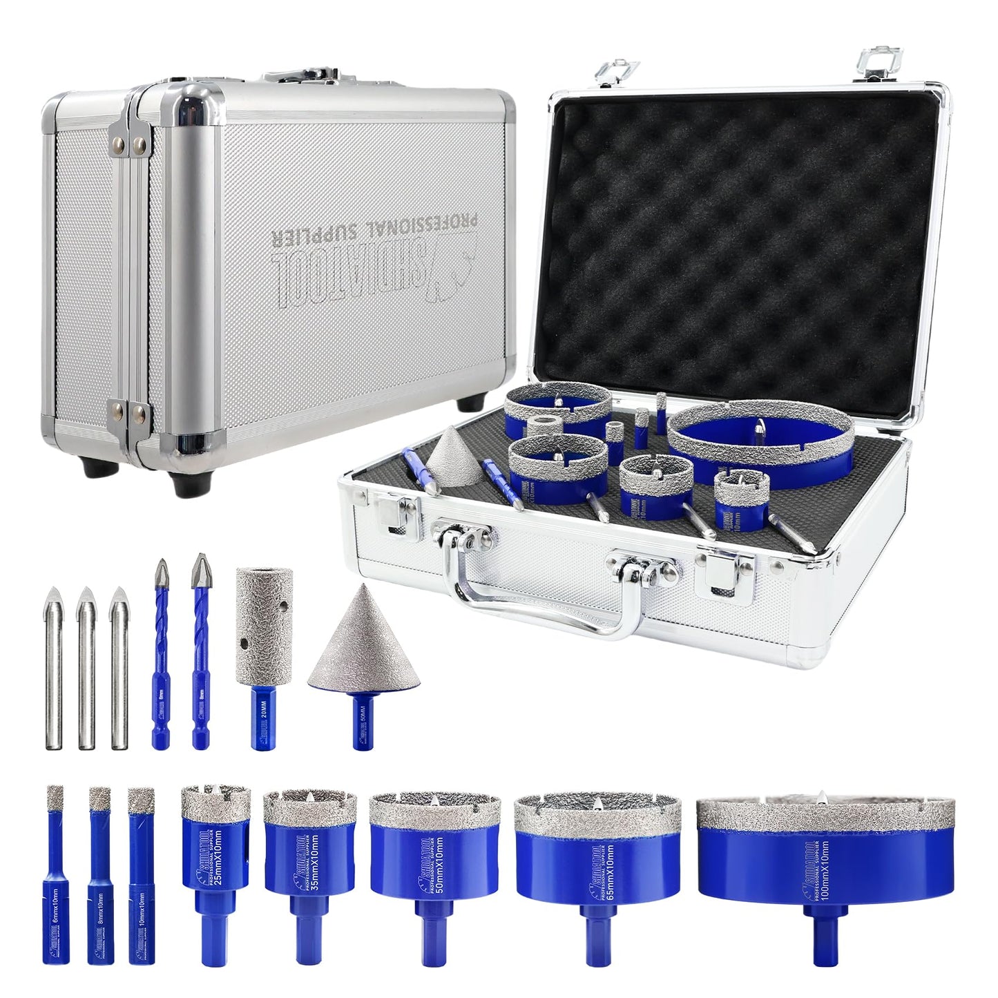 SHDIATOOL Tile Diamond Drill Bits Kit, Porcelain Hole Saw Sets, Ceramic Core Bits Cutter Drilling for Stone Marble Granite 15pcs(6/8/10/25/35/50/65/100MM/20MM/2/6/8MM)