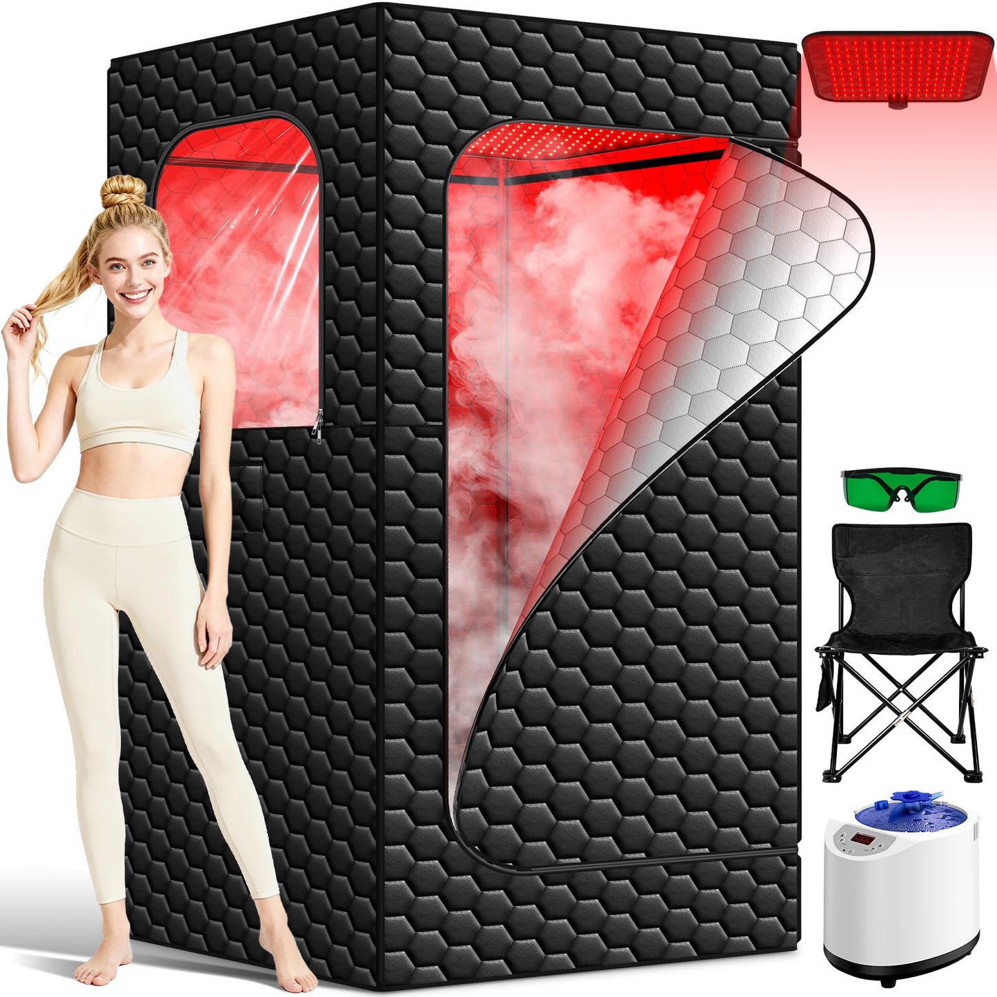 Portable Infrared Sauna, 160 LEDs Red Light Sauna Box, Steam Sauna Tent with 3L Steamer, 15 Heating Levels for Home Spa, Relaxation, Detoxification, Muscle Relief, Indoor & Outdoor, 32" x 32" x 71"