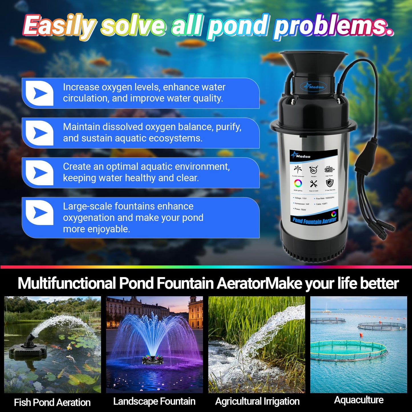 Pond Fountain Aerator with Lights Dynamic RGB Light 1HP 750W Floating Fountain for Pond Lake, 110V 15000 GPH Fully Automatic Stainless Steel Fountain Pump 100Ft Cord with 4 LED Lights and Nail, Rope