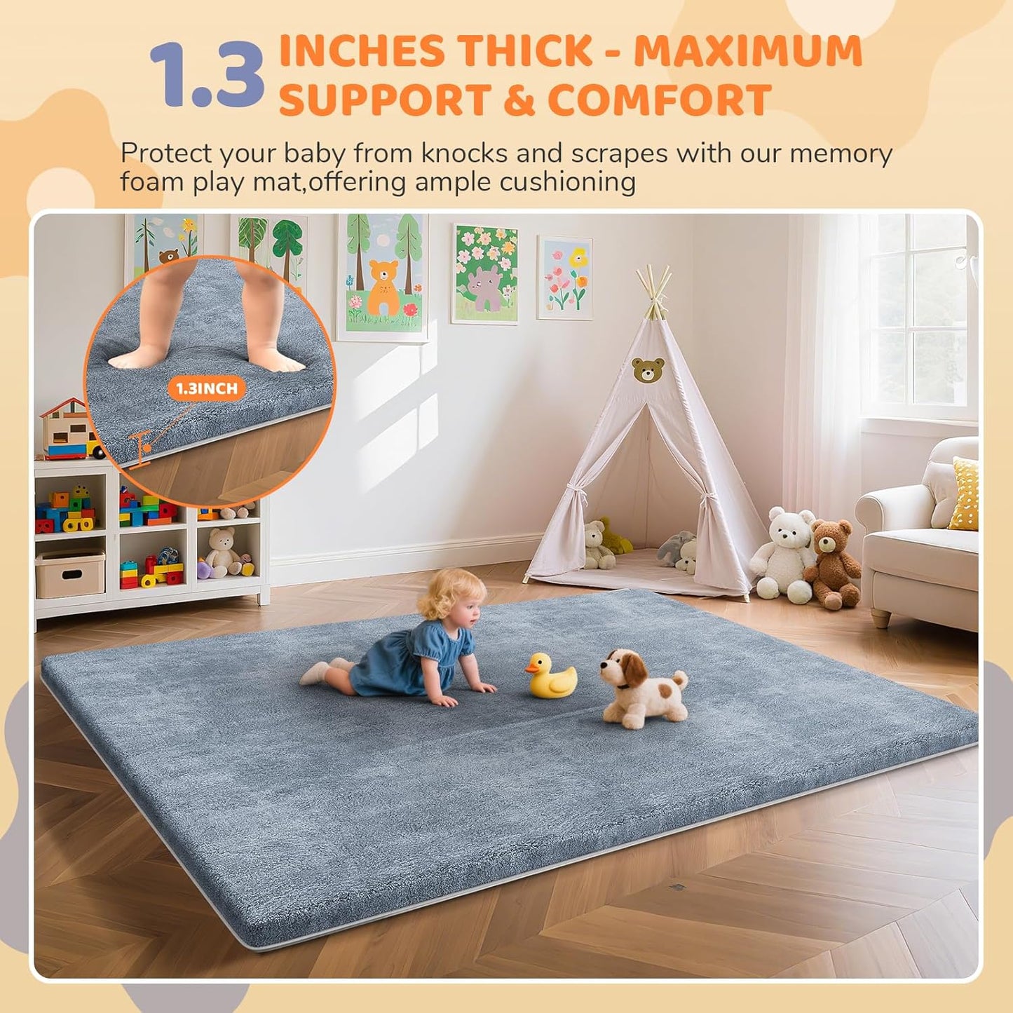 Omzer Baby Play Mat - 1.3" Thick Foam Tummy Time Mat | 65x50 Inch Non-Slip Crawling Pad - Grey Coral Velvet