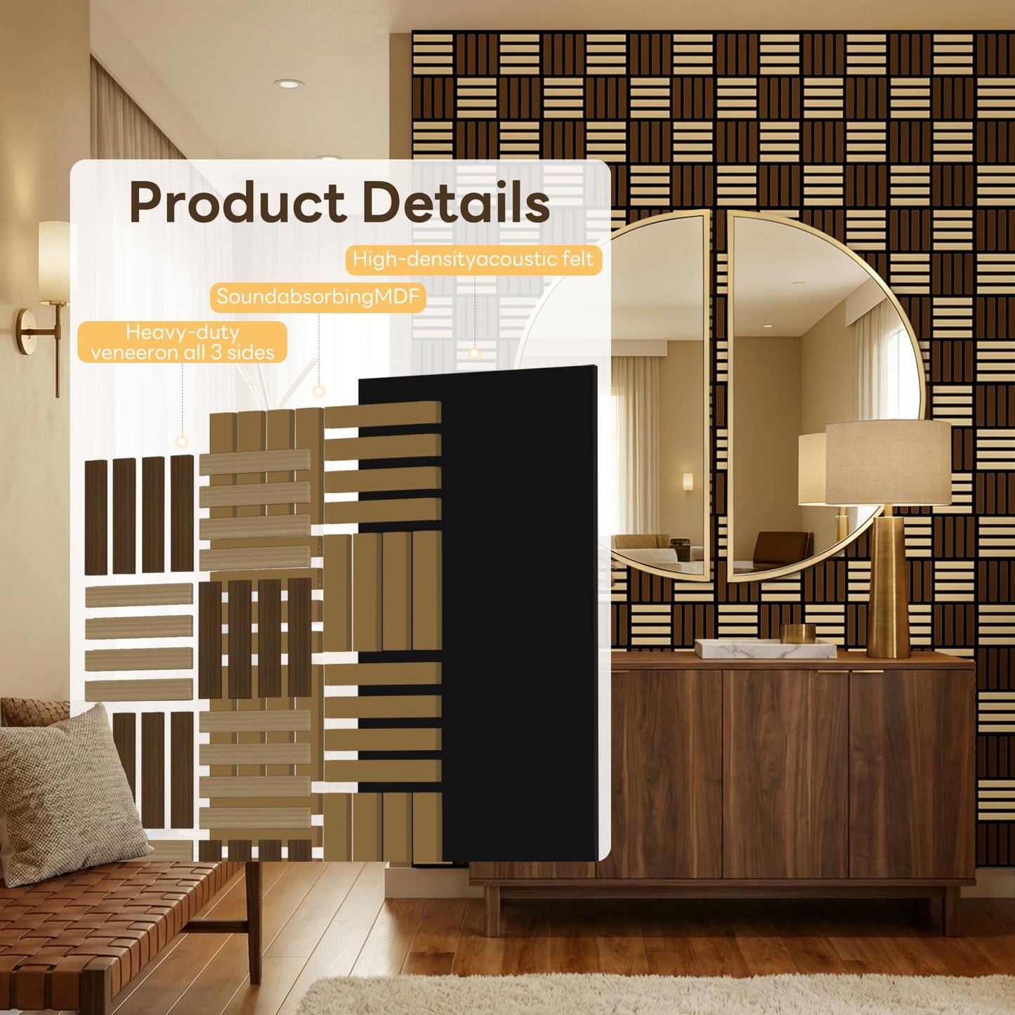 8 Pack Wood Slat Acoustic Wall Panels, Soundproof Wood Panels for Wall and ceiling, 3D Wall Panles with Slat Design for Bedroom, Living Room, Office, TV Background(13.8 × 27.4)