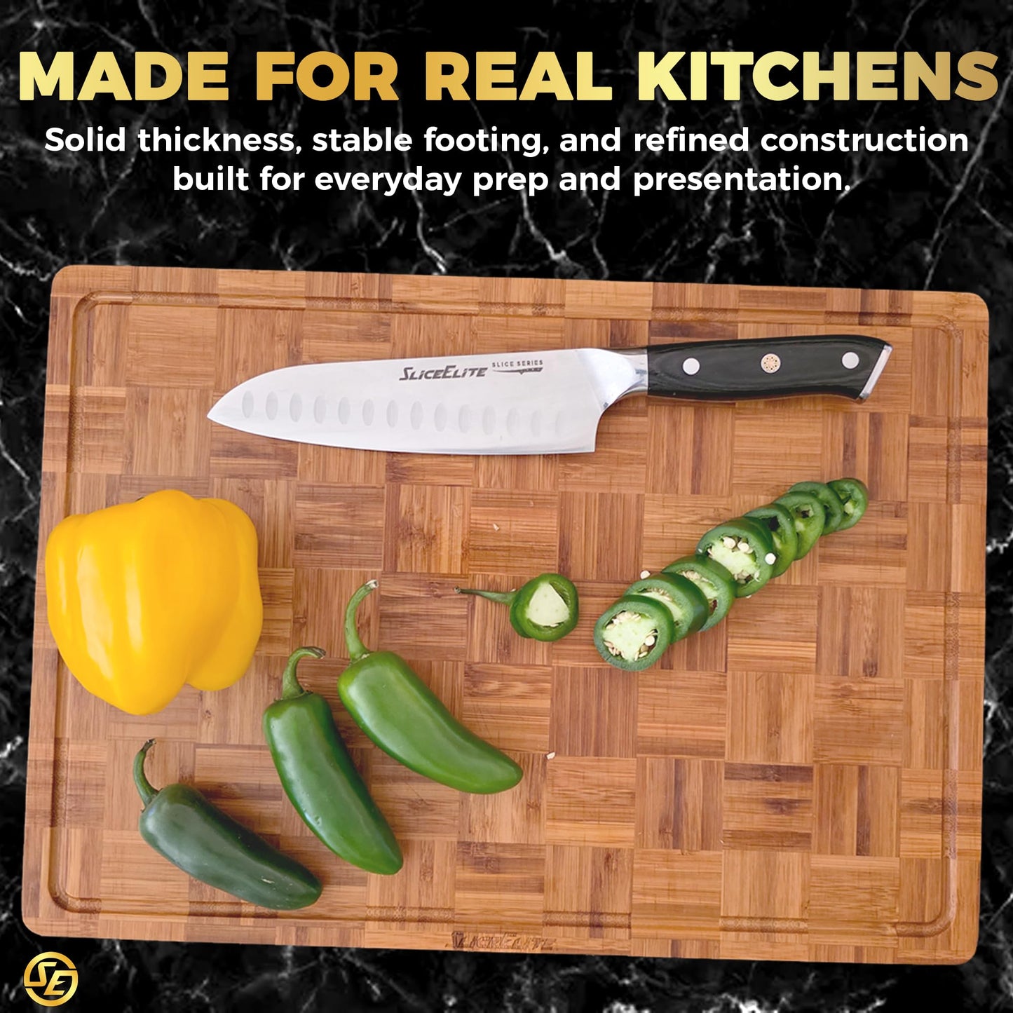 SliceElite Extra Large Bamboo Cutting Board Set 3 Piece End Grain Wooden Chopping Boards with Holder Non Slip Feet Juice Groove XL Butcher Block Style Boards for Kitchen Carving and Serving