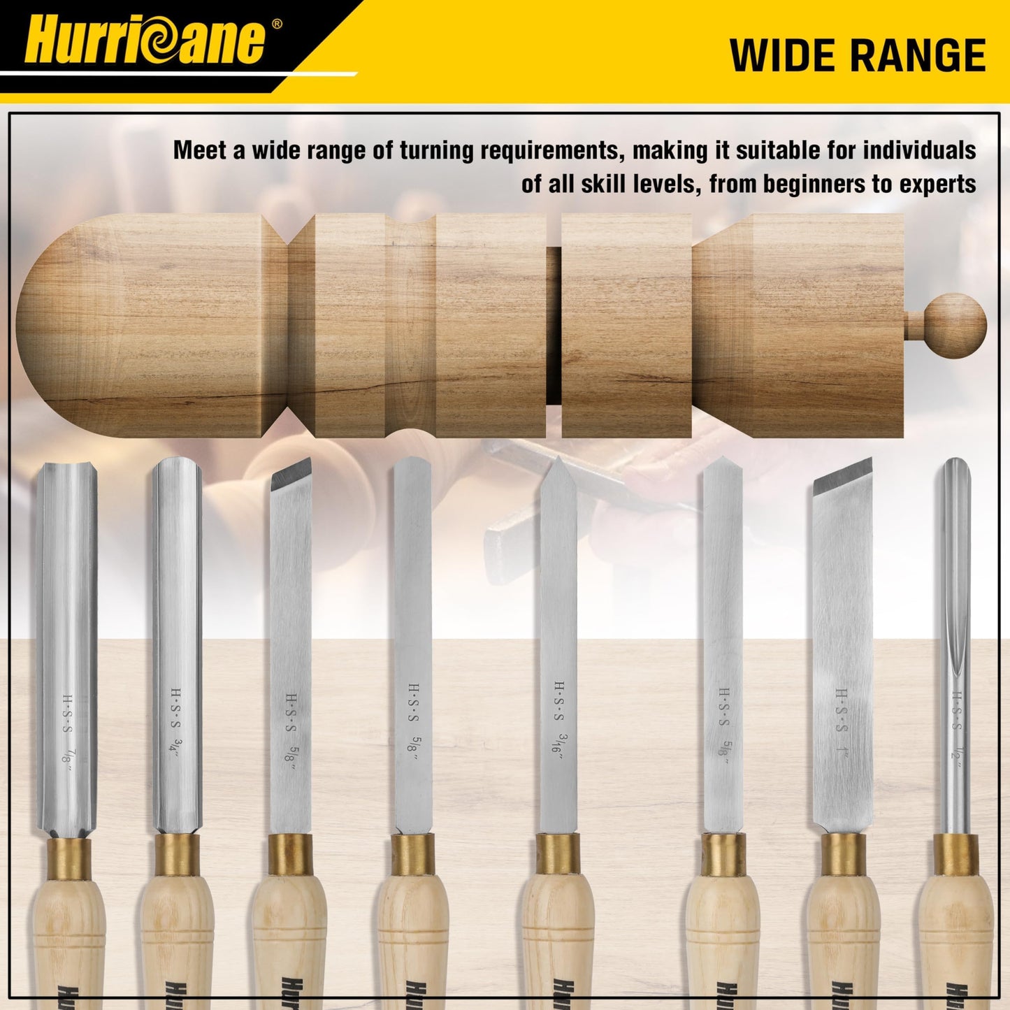 HURRICANE 8pc Wood Lathe Chisel Set, M2 HSS Wood Turning Tools with 10" Solid Hardwood Handles, Lathe Tool Kit for Beginners and DIY Hobbyists, Includes Protective Wooden Box
