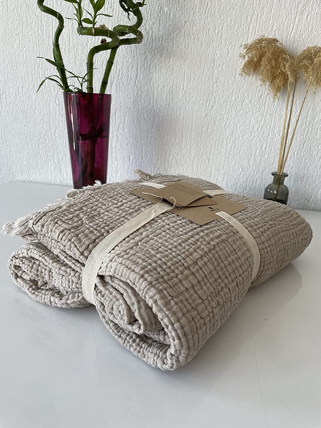 DEKADRON 100% Cotton Muslin Throw Blanket, 4 Layers Bedspread, Soft Turkish Cotton Muslin Bed Cover, Reversible Coverlet, Mink (Full/Queen Size 91x95-230x240cm)