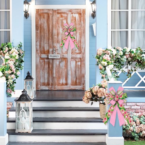 Hying Large Flower Bow - Spring Tulip Stripes in Pink Burlap | Farmhouse Craft Bow for Easter Decor