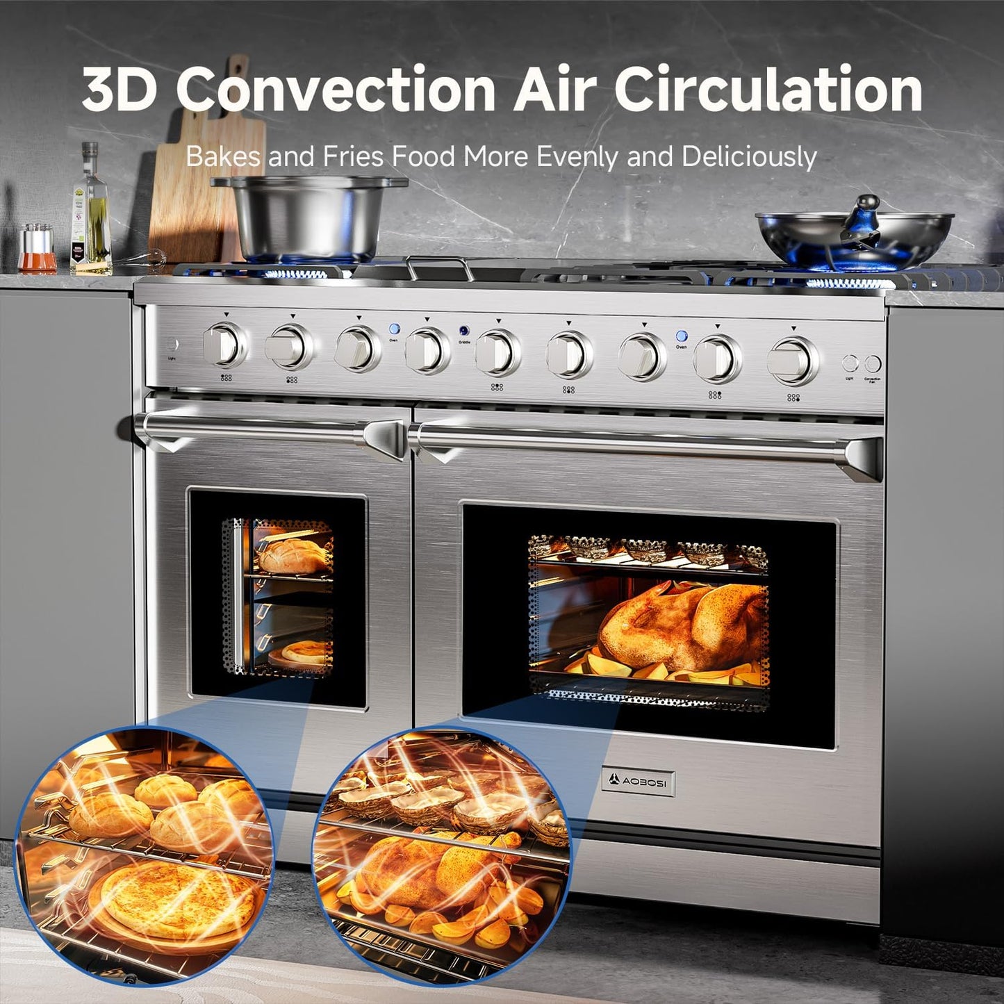 AAOBOSI 48 Inch Freestanding Gas Range Ovens with 6 cu.ft Large Capacity Double Convection Ovens, 6 Sealed Burners Plus Iron Grill Burner, Stainless Steel Gas Range Stove