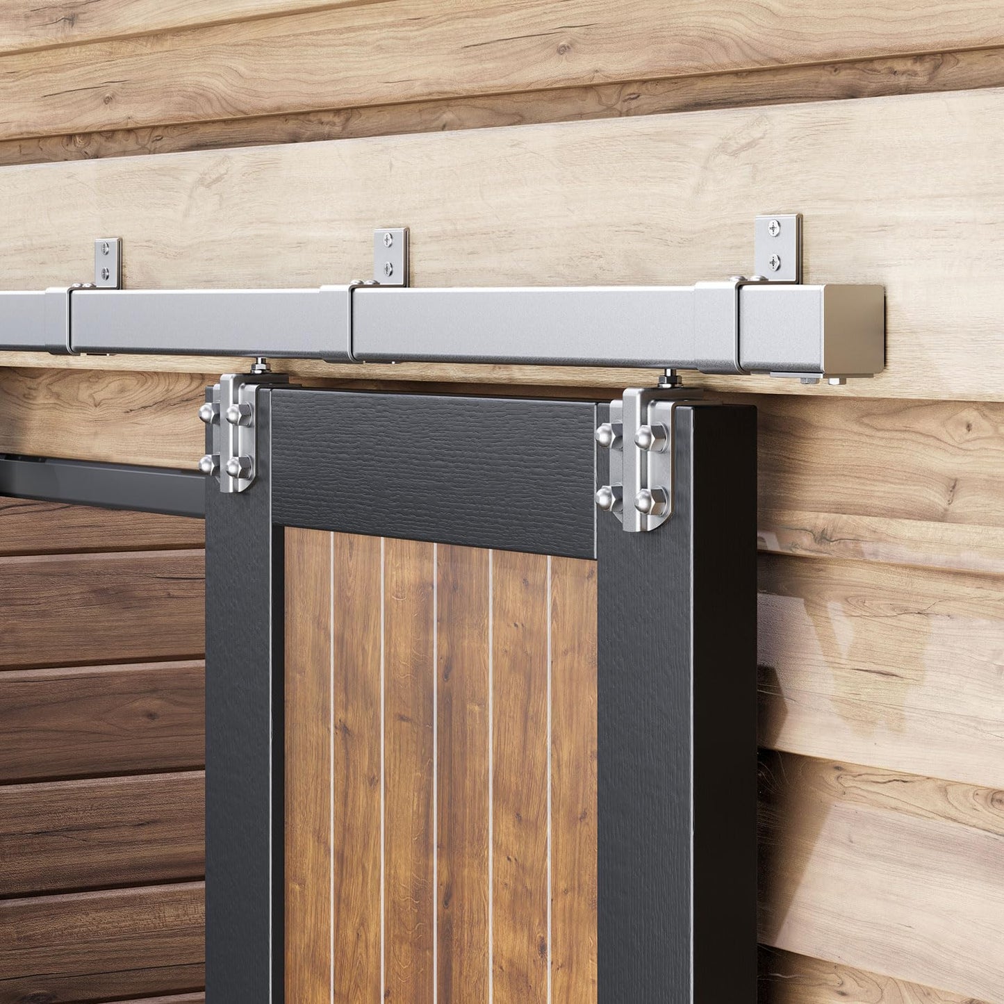 Easelife 8FT Exterior Sliding Barn Door Hardware Kit, Box Rail Track, 450lb Capacity, Sliver Weather-Resistant Steel, Wall Mount System for Outdoor Use, Fit Single 48in Door