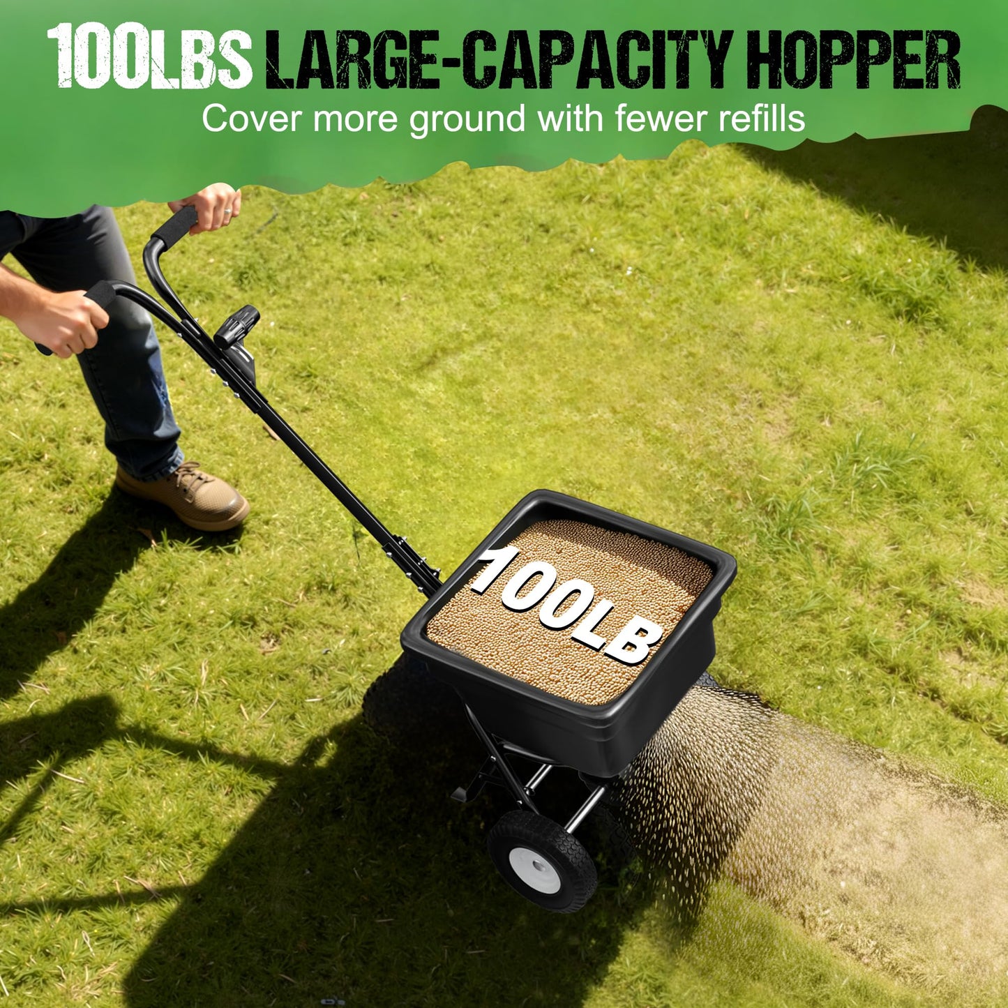 PPOLB Broadcast Spreader for Lawns, 100LB Fertilizer Spreader with 30-Level Flow Control, Walk Behind Lawn Seed & Salt Spreader, 0–10FT Coverage, Hopper Screen, Rain Cover, 12" Pneumatic Wheels