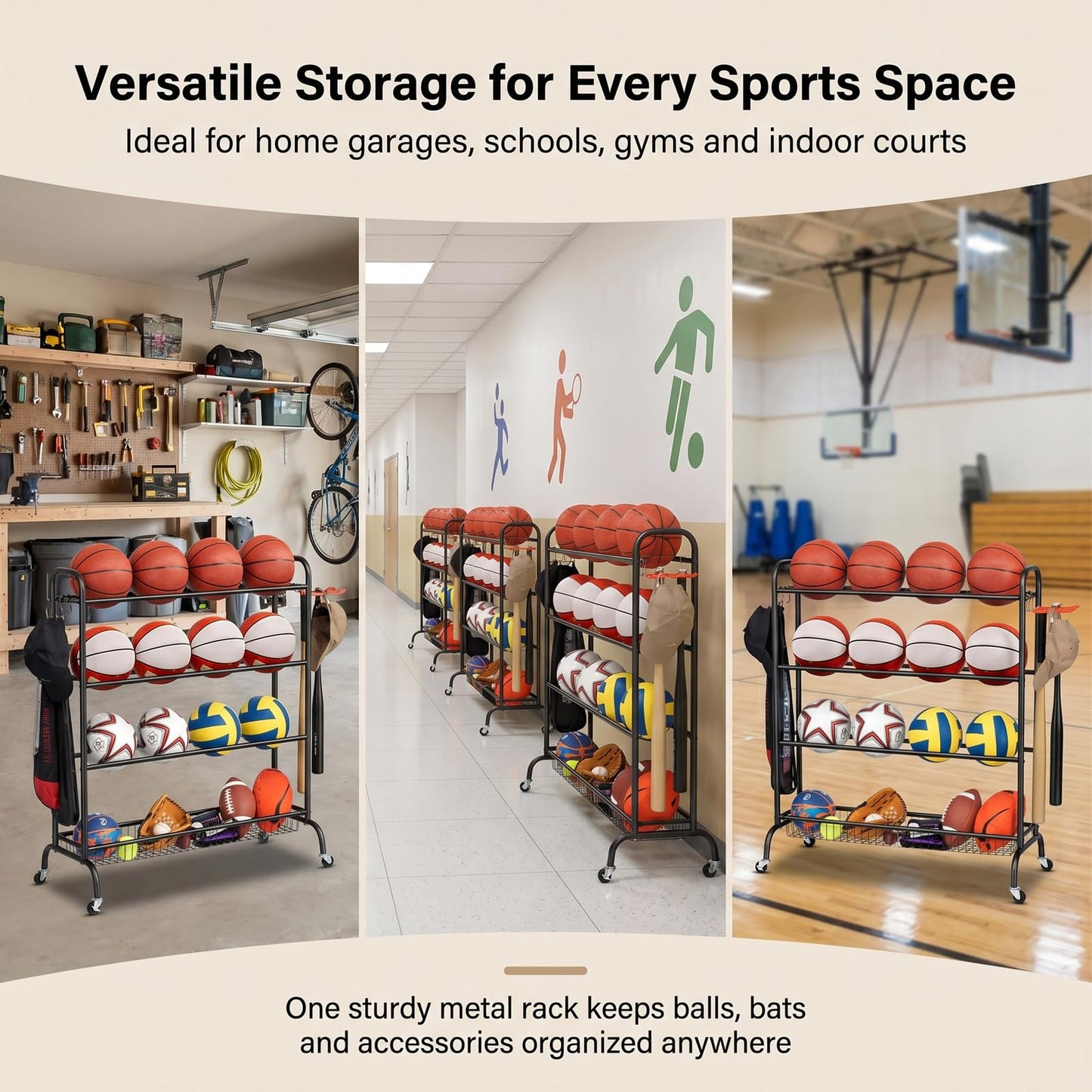 EXTCCT Basketball Rack, Outdoor Rolling Basketball Shooting Training Stand,Sports Equipment Storage with Wheels, Garage Four-layer ball Holder With Two Basket For Basketballs Footballs Volleyball