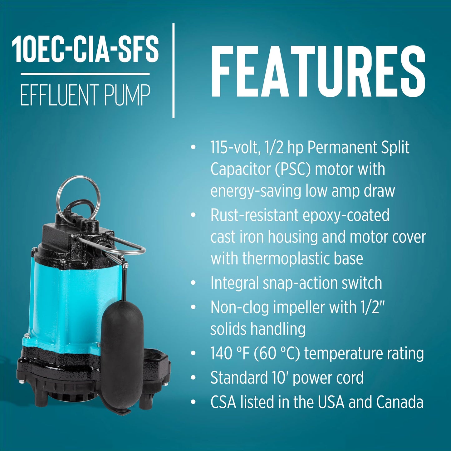 Little Giant 10EC-CIA-SFS 115-Volt, 1/2 HP, 4020 GPH Automatic Cast Iron Sump/Effluent Pump with polypropylene base, integrated snap-action float switch and 10-ft. cord, Blue, 510803