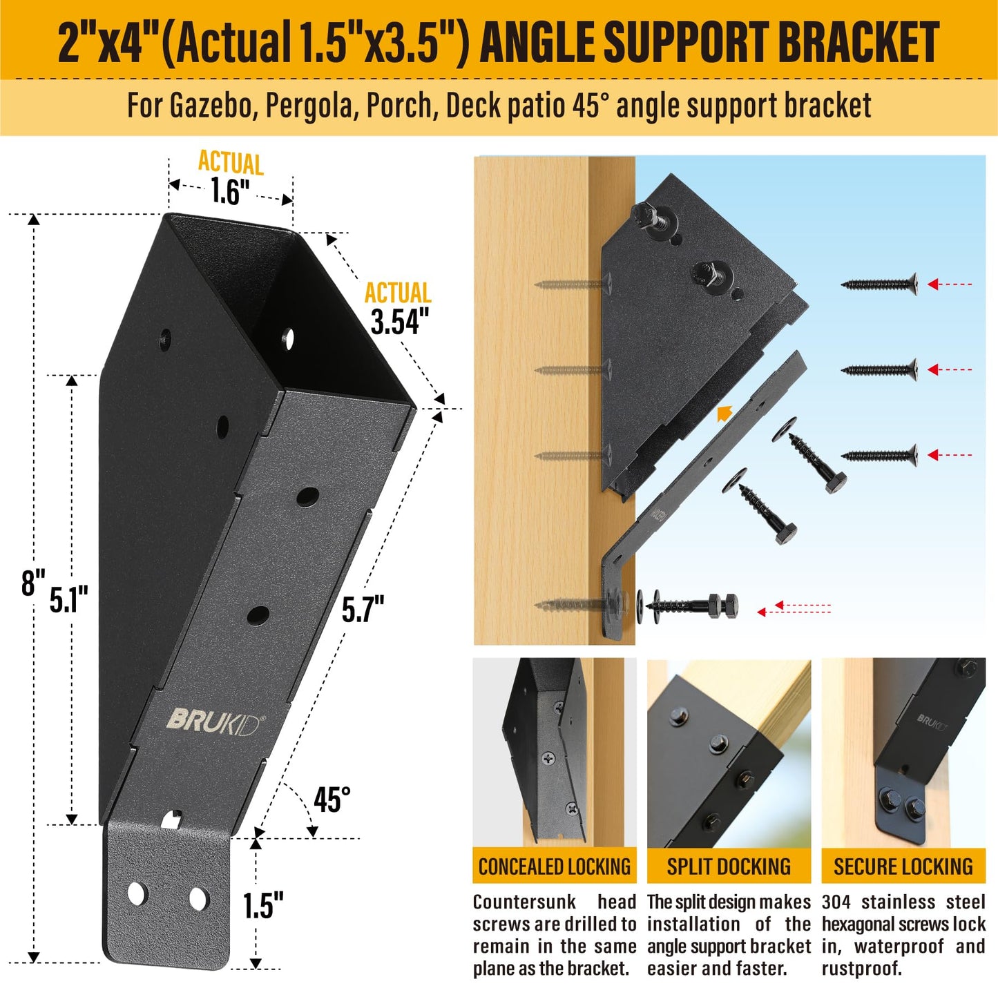 Brukid 4pc 45°-Degree Angle Support Bracket, 2x4 (Actual 1.5''x3.5'') Angle Bracket, Suitable for Pergolas, Gazebo, Deck Porch, Cabin Elevated Wood Support Bracket kit (Frosted-Black)