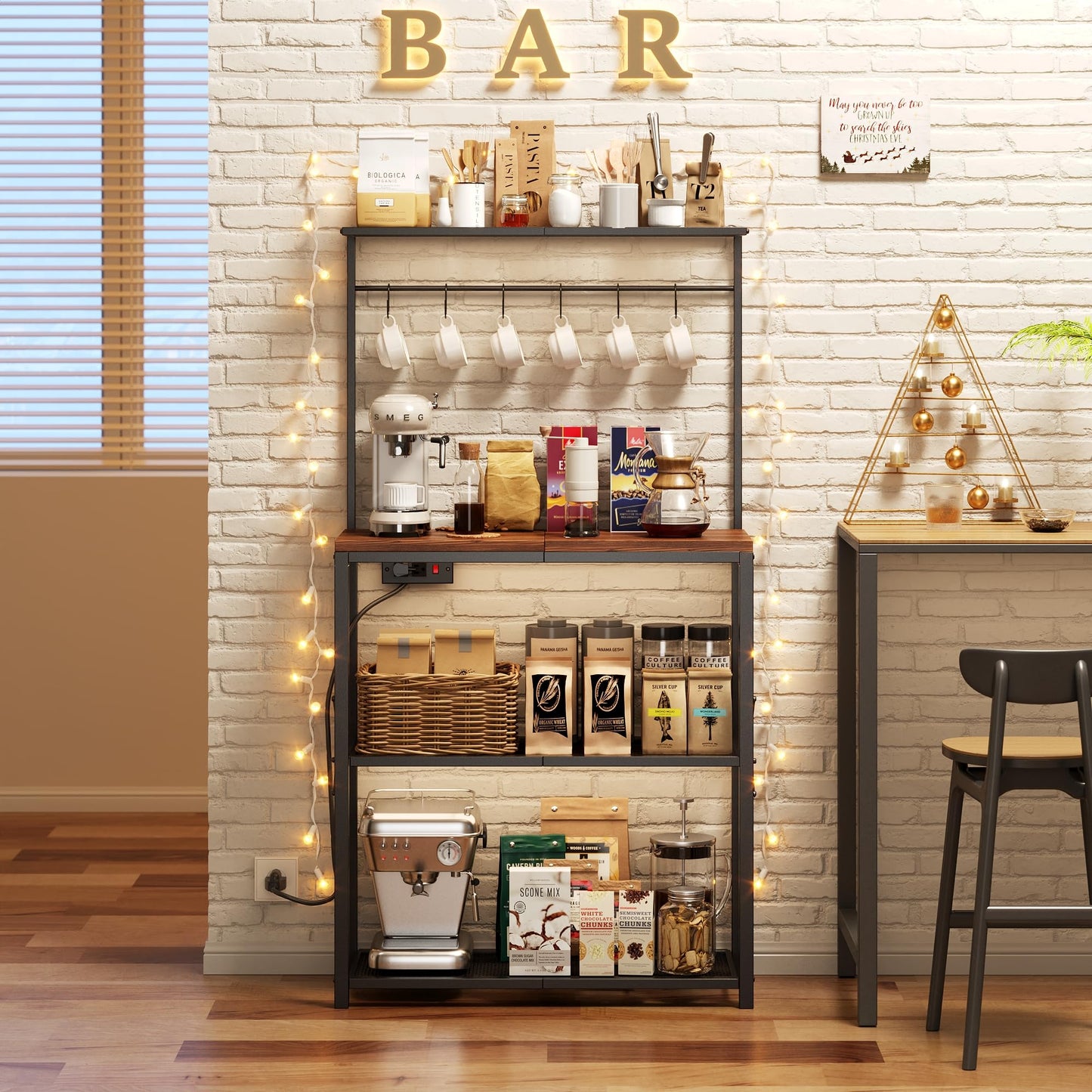 Txecpro kitchen Bakers Rack with Power Outlet, Coffee Bar Table 4 Tiers, Microwave Stand with 6 S-shaped Hooks, Kitchen Storage Shelf Rack for Spices, Pots and Pans，25.6" L x 12" W x 53.5" H