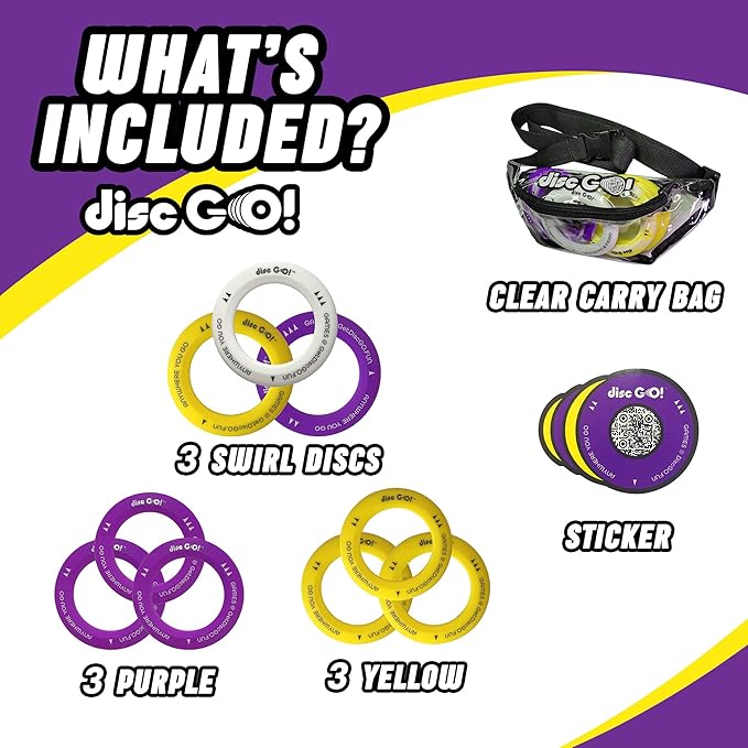 DiscGO! Game 9 Soft Silicone Discs, Play Indoor/Outdoor for Fun, Gift, Family, Camping, Parties, Tailgating, Team Building, Classroom, Portable Travel Games for Kids & Adults (Yellow, White & Purple)