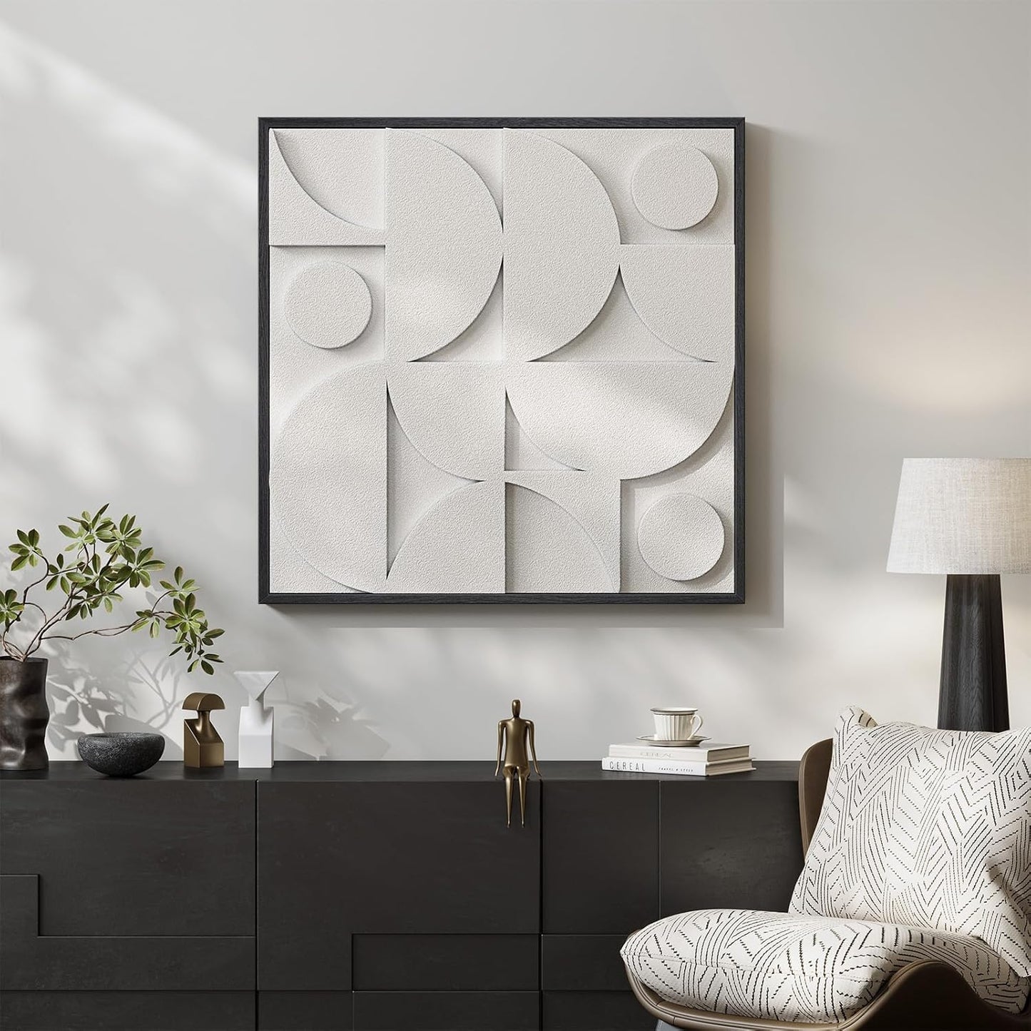 Regine Switzerland Large 3D Textured Framed White Abstract Wall Art - Modern Geometric Design 30x30 In