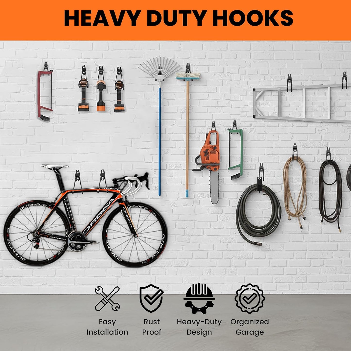 Pack 13 Heavy Duty Garage Hooks - Multi-Sized Wall-Mounted Tool Hangers with Anti-Rust PVC Coating | Ideal for Bikes, Ladders, and Garden Tools