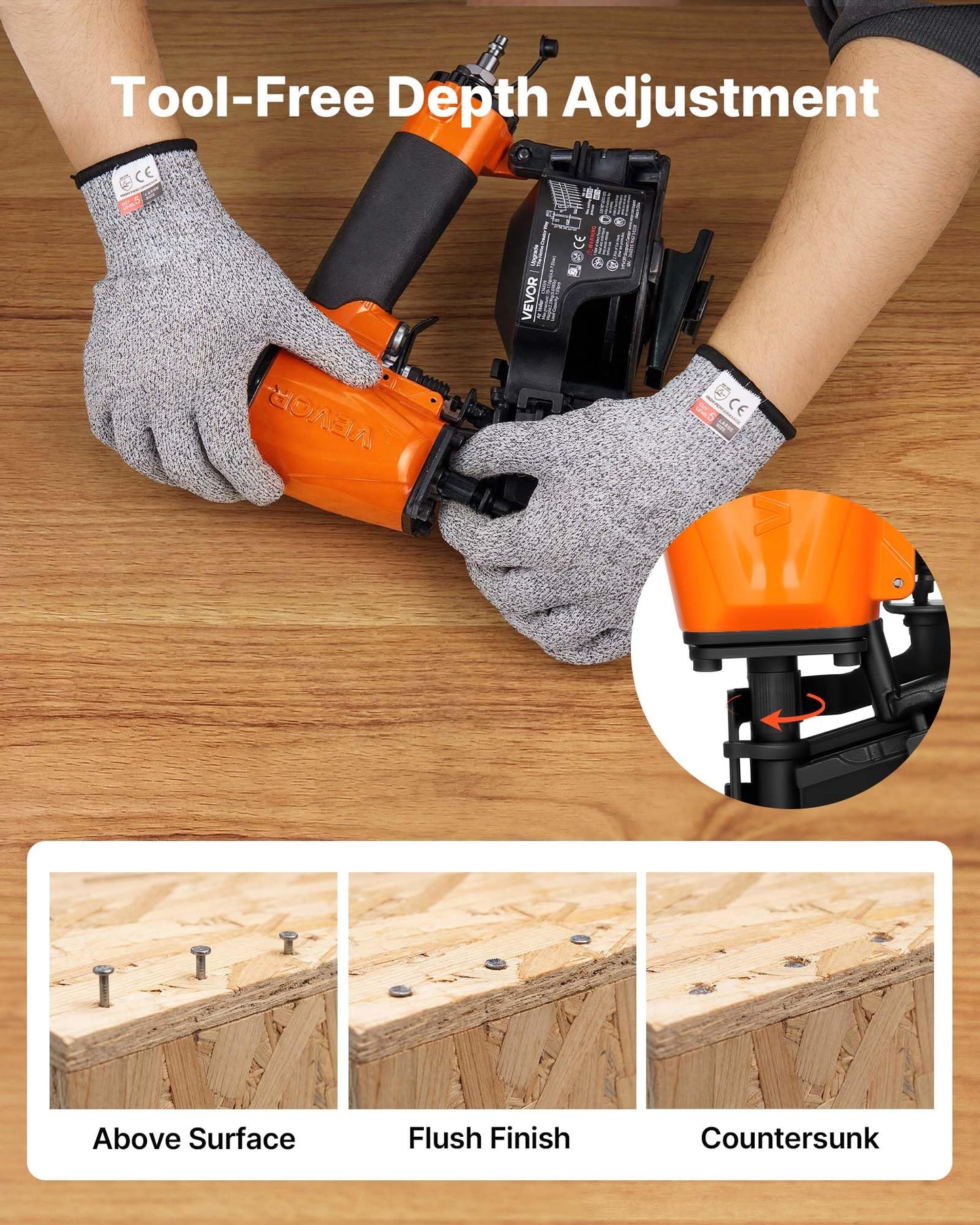 VEVOR Professional Roofing Nailer CN45N, 3/4" to 1-3/4" 15 Degree Air Roofing Nail Gun, 4–5 Nails/S Ultra-Fast Nailing, 70-110 PSI Pneumatic Coil Nailer for Asphalt Shingles, Roof Sheathing