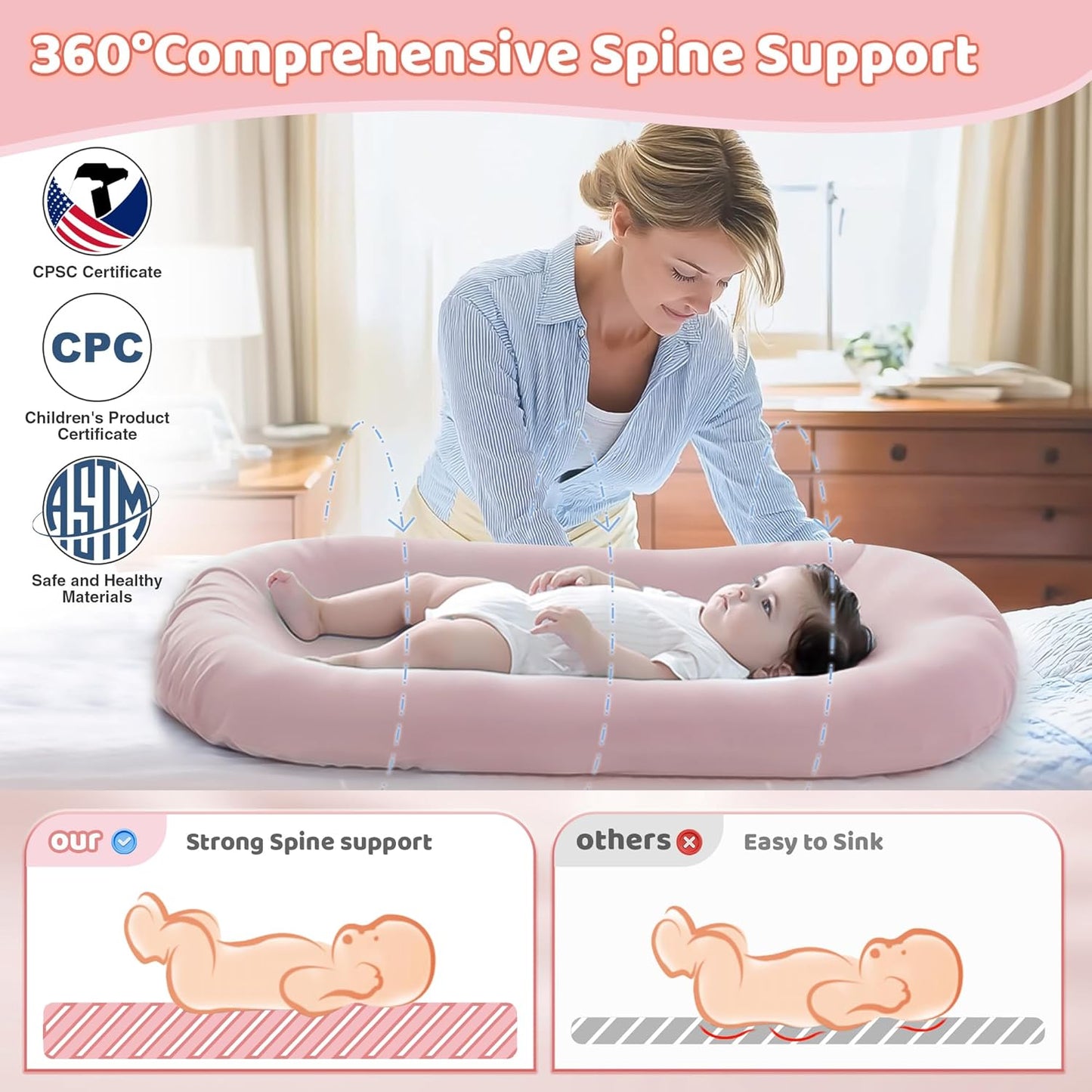 Skiennix Infant Support Cushion - Portable Tummy Time Mat for Newborns 0-24 Months, Soft Cotton, Pink