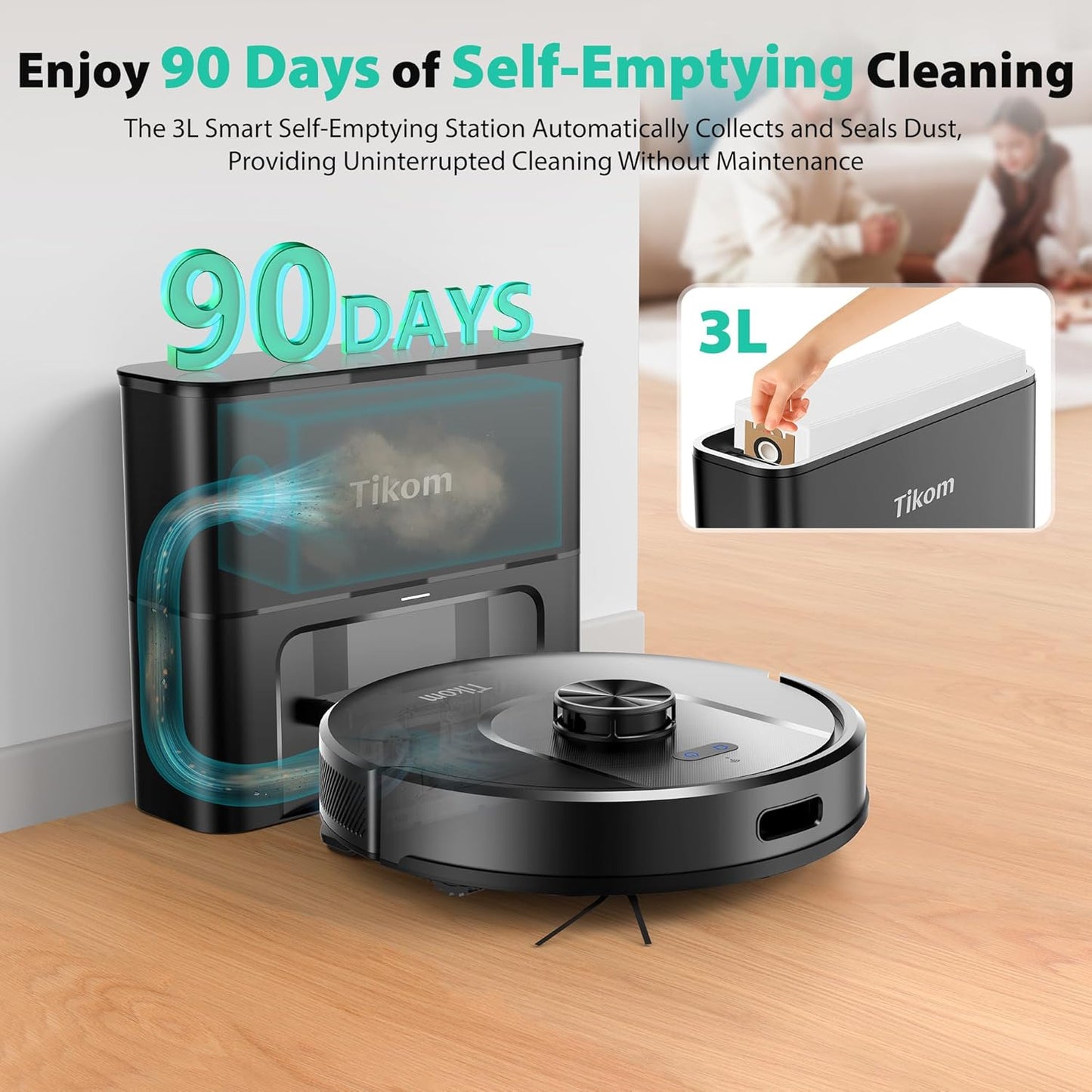 Tikom Robot Vacuum - 6000Pa Self-Emptying Robotic Cleaner with LiDAR Navigation | Ideal for Pet Hair & Carpets (L8000 Plus)