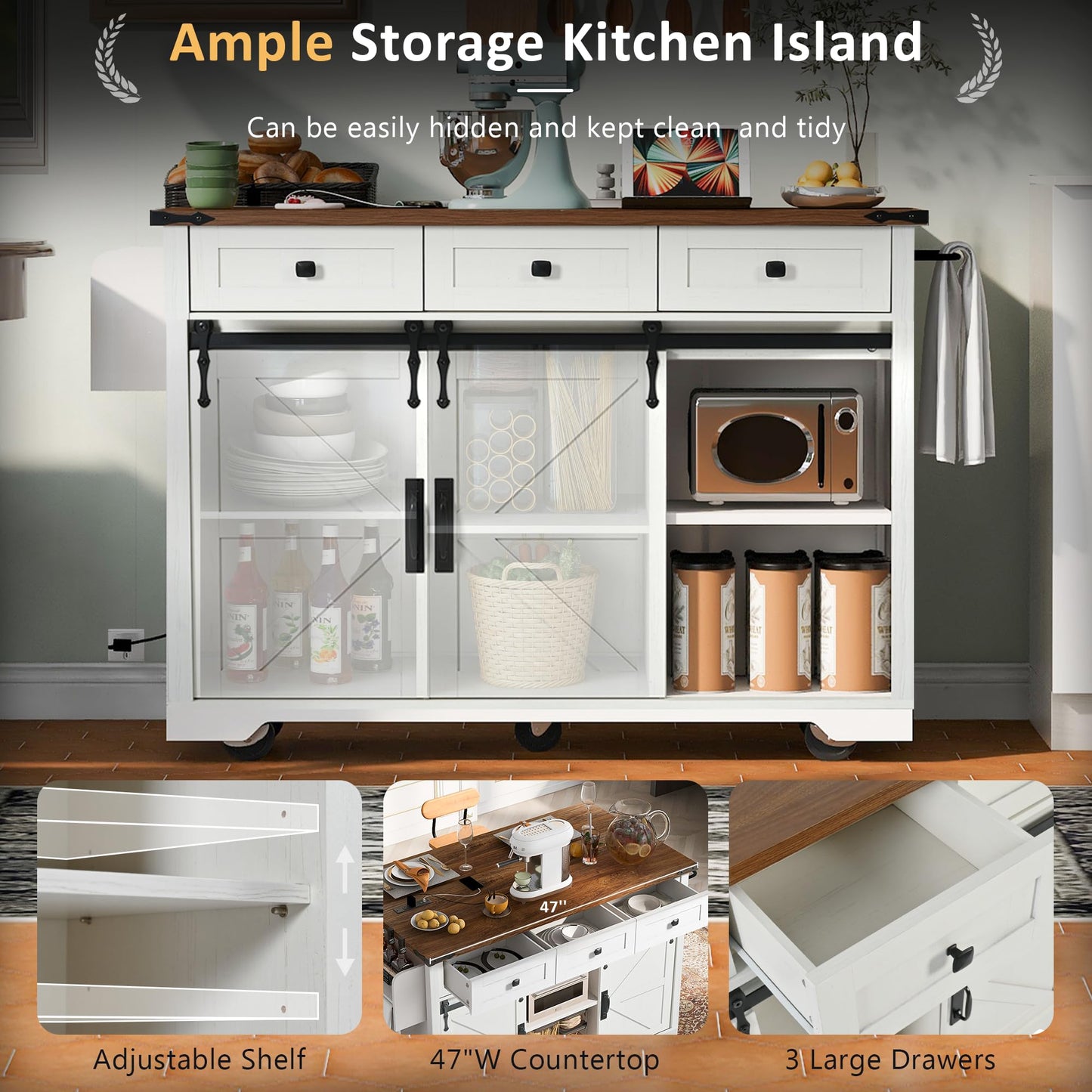 EQEY 53.7" Farmhouse Kitchen Island with Power Outlet, 2 Sliding Barn Door Kitchen Storage Island with Drop Leaf, Spice Rack Rolling Kitchen Cart on Wheels, for Home, Kitchen and Dining Room, White