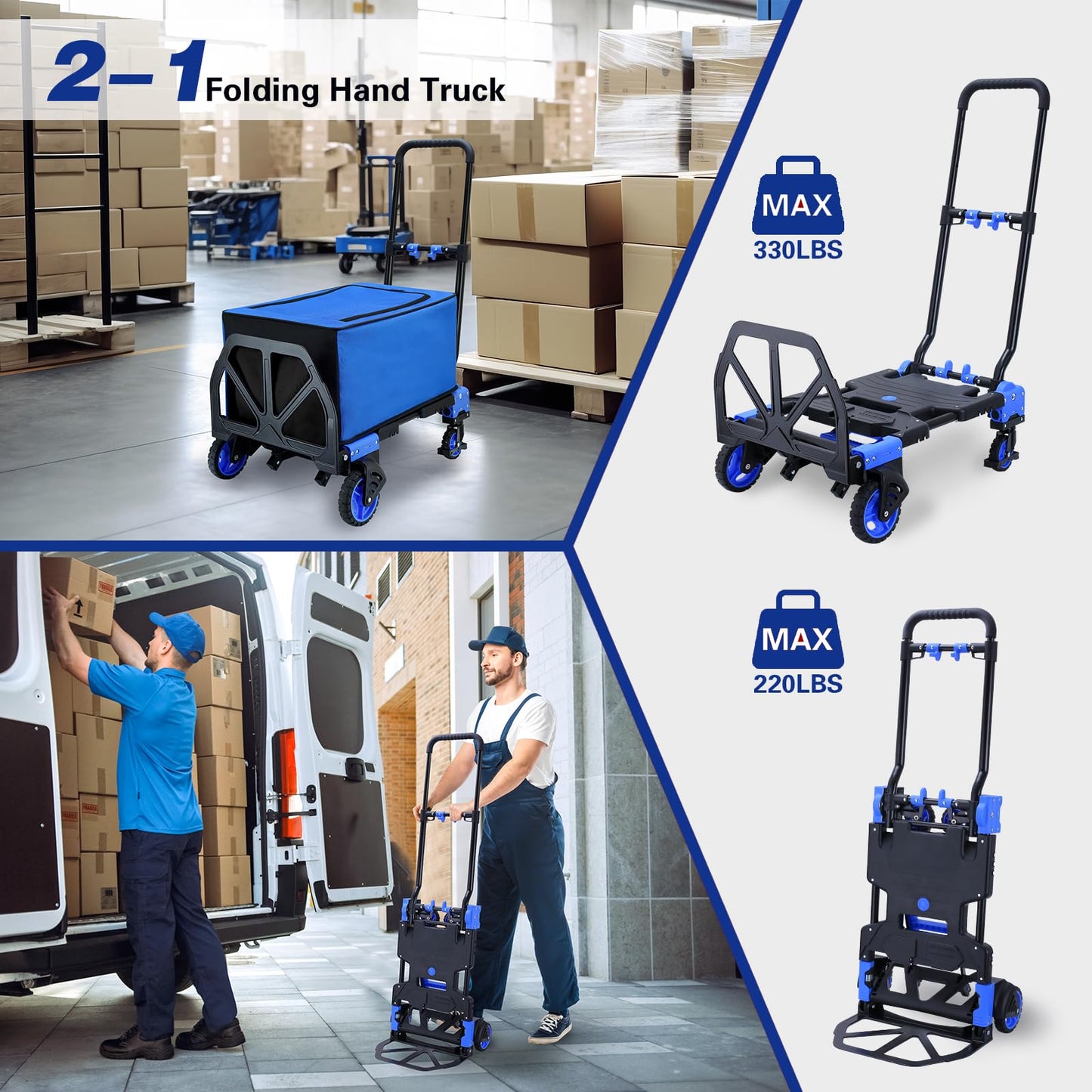 2-1 Folding Hand Truck Dolly,330LBS Capacity Dolly Cart,Foldable Dolly Hand Truck with Retractable Handle and 4 Rubber Wheels,Hand Cart Foldable for Luggage/Travel/Office/Moving