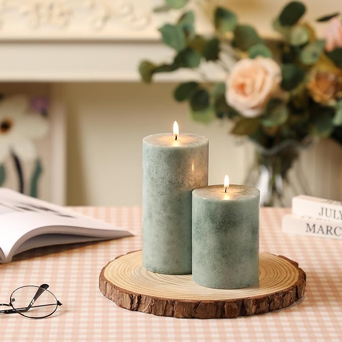 3x4 inch Green Pillar Candles Set of 3, Unscented Pillar Candle, Dripless and Smokeless Large Candles, Candle for Home Decor, Dinner Table,Weddings, Holidays