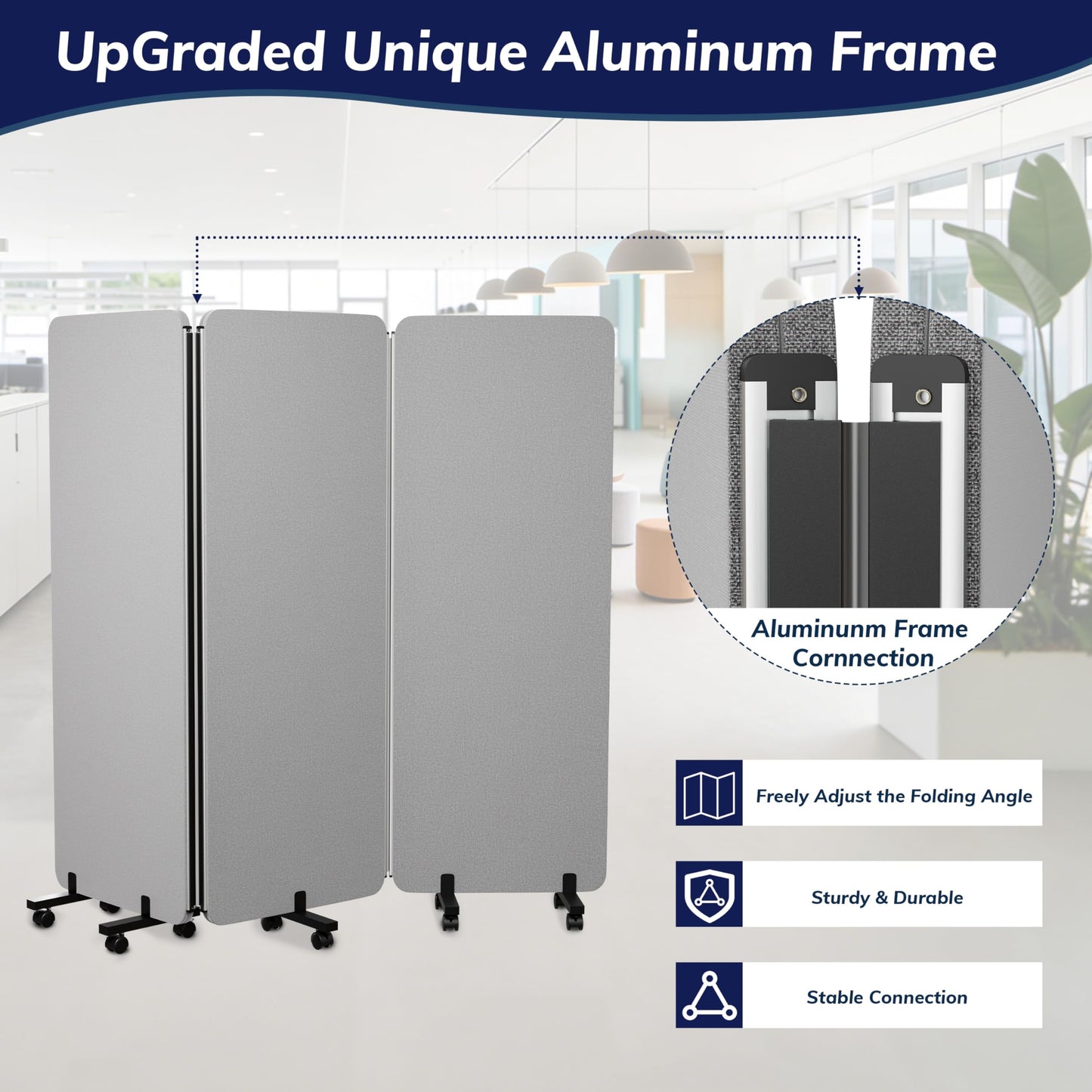 KERRAM 3 Panel Foldable Office Partitions, Mobile Cubicle Wall with Wheels, 71 x 66 Inch Noise Cancelling & Sound Proof Room Dividers Partition Wall, Aluminum Frame Gray