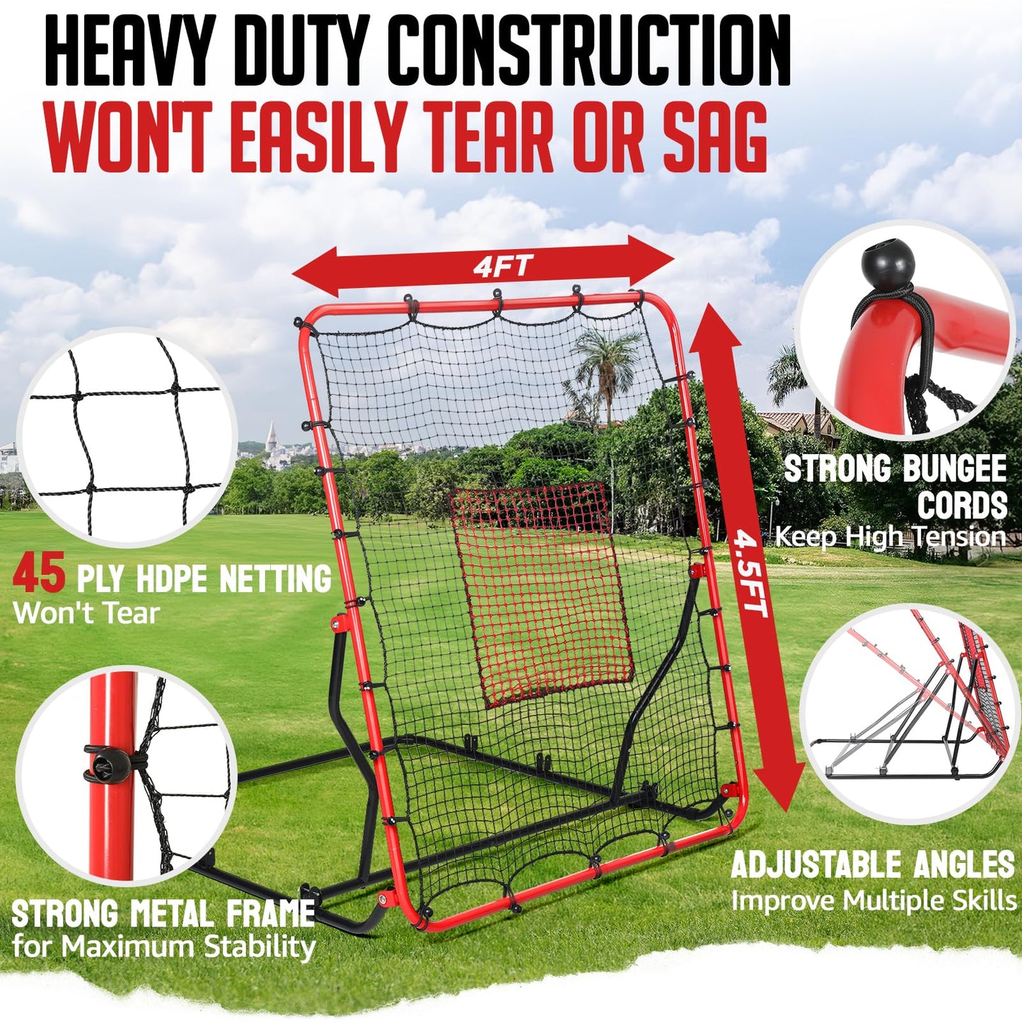 Baseball Rebounder Net, 3 Adjustable Angles 4x4.5FT Pitch Back Baseball Softball Volleyball Rebounder with 2 Strike Zones, UV Resistant, Pitchback Trainer for Ground, Line Drive & Fly Balls