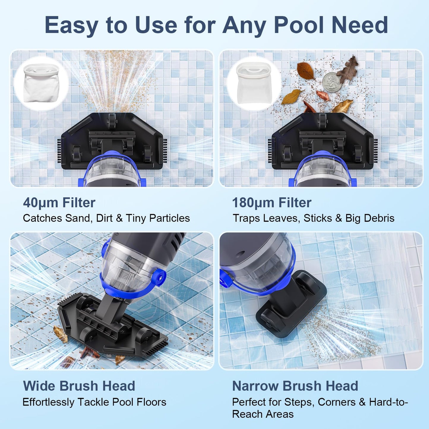 Sharkswell Upgraded Cordless Pool Vacuum with Telescopic Pole, 60 Min Powerful Suction & Large Head, Rechargeable Handheld Cleaner for Above Ground Pools, Inground Pools, Hot Tubs, and Spa