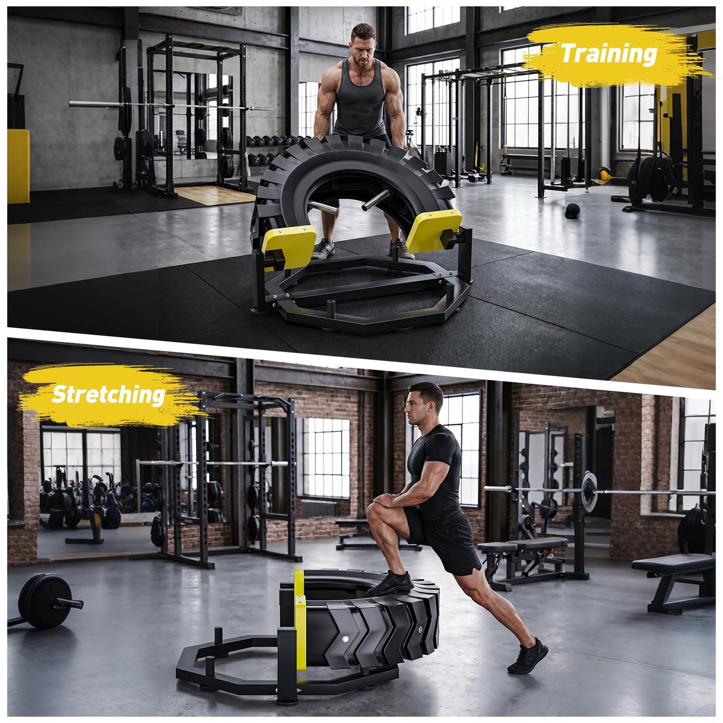 Tire Flip Trainer, Heavy Duty Steel Tire Flipping Machine with Weight Plate Posts, Non-Slip Base for Crossfit, Gym & Home Workouts, Expandable Full-Body Training Equipment